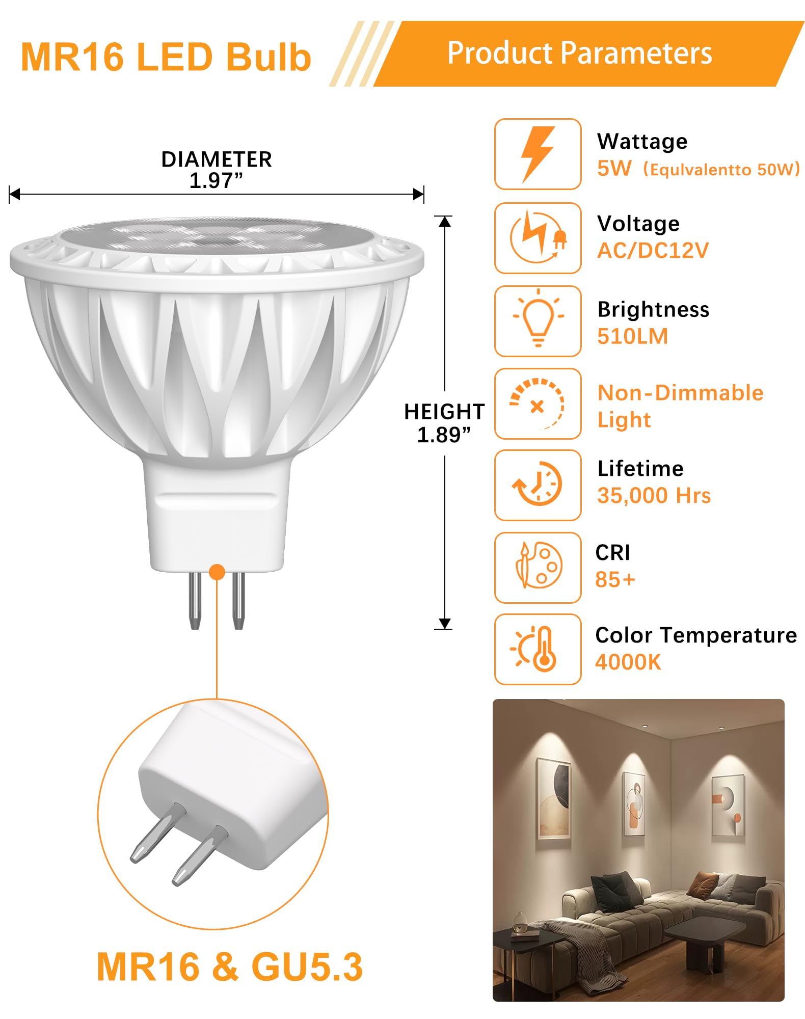 Gohdlamp 12 Pack Mr16 Led Bulbs, 50 Watt Equivalent Landscape Light Bulbs, 4000K Neutral White 5W Gu5.3 Mr16 12V Spotlight Bulb,