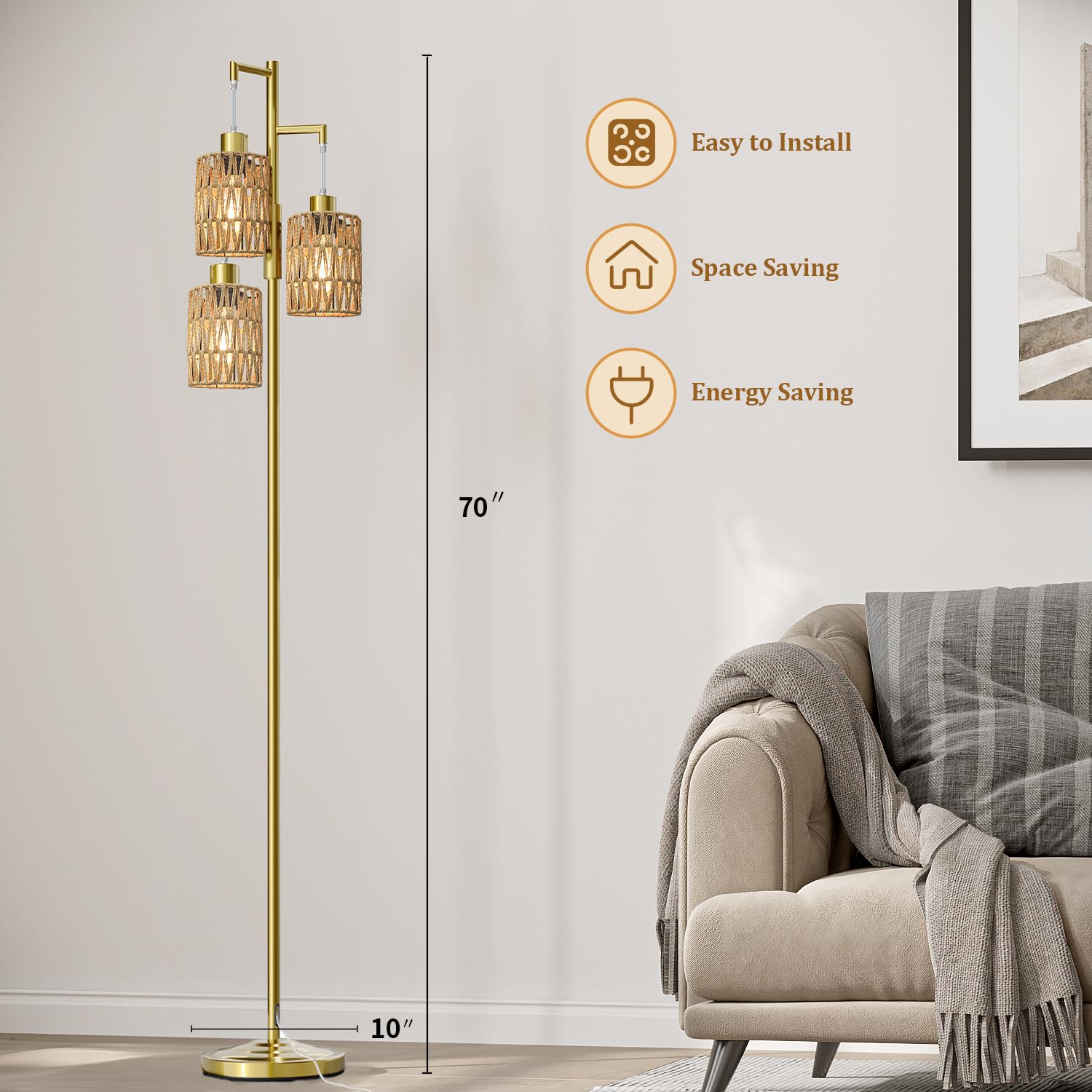 Oneach 70in Stepless Dimmable Floor Lamp, Metal Boho Tree Lamp with 3 Bulbs, Gold-Rattan, Model AMZ-F1175GL-3