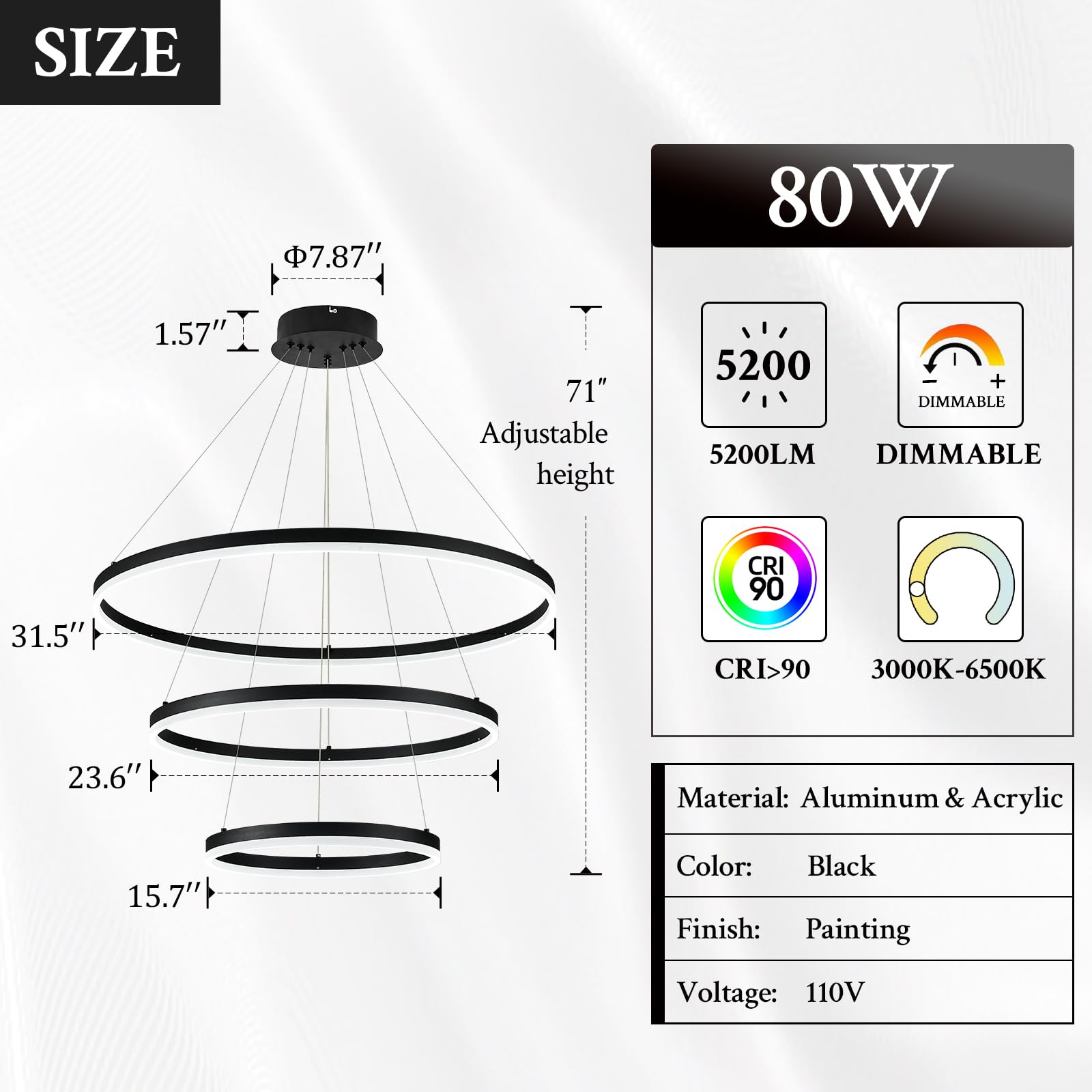 Sparklelf LED Chandelier, Dimmable Pendant Light, 3 Rings 31.5in, Black, Model SE-P60-3BDC1, Remote Control, 3000K-