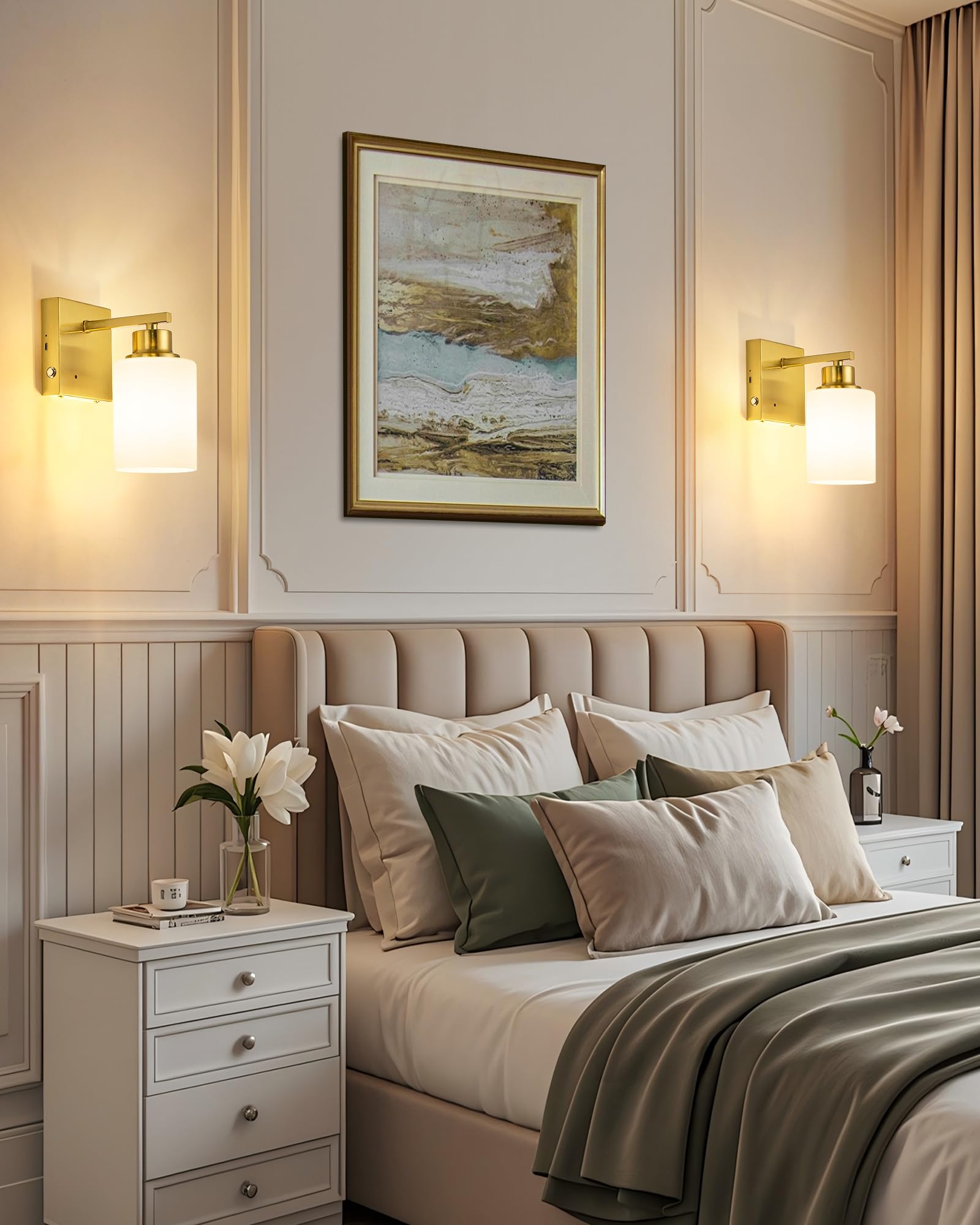 Rayogale Wireless Rechargeable Battery Wall Sconce Set of Two, Dimmable, Remote, 3000K, Gold with White Lampshade, Model WL-7112
