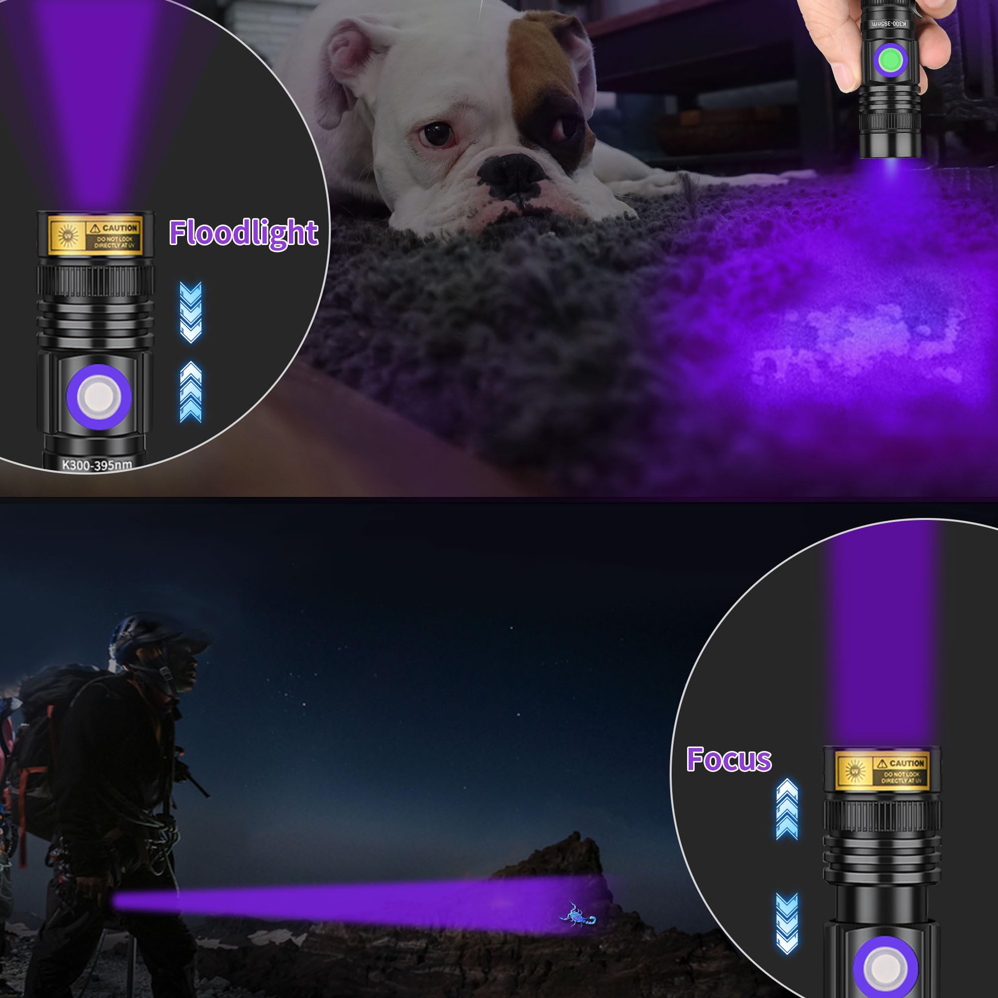 Uv Flashlight Black Light Usb Rechargeable 395Nm Blacklight Mini, Woods Lamp Portable Handheld Powerful Led Ultraviolet Lights Flashlights, Focus Adjustable For Resin Curing, Pet Urine Detection