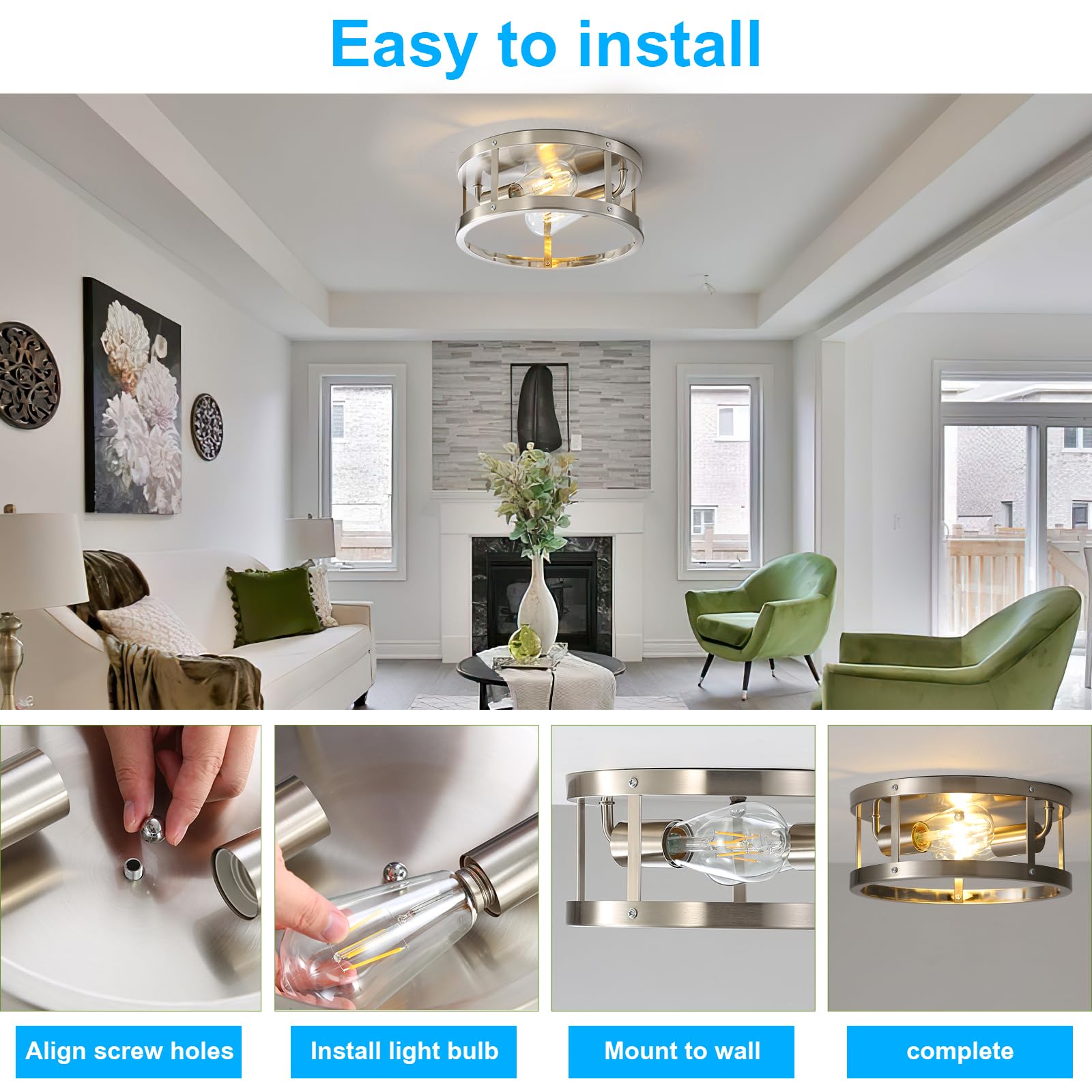 Eietonte Farmhouse Semi Flush Mount Ceiling Light, Brushed Nickel 11 Inch 2-Light Metal Cage Light Fixture Ceiling Mount, Indust