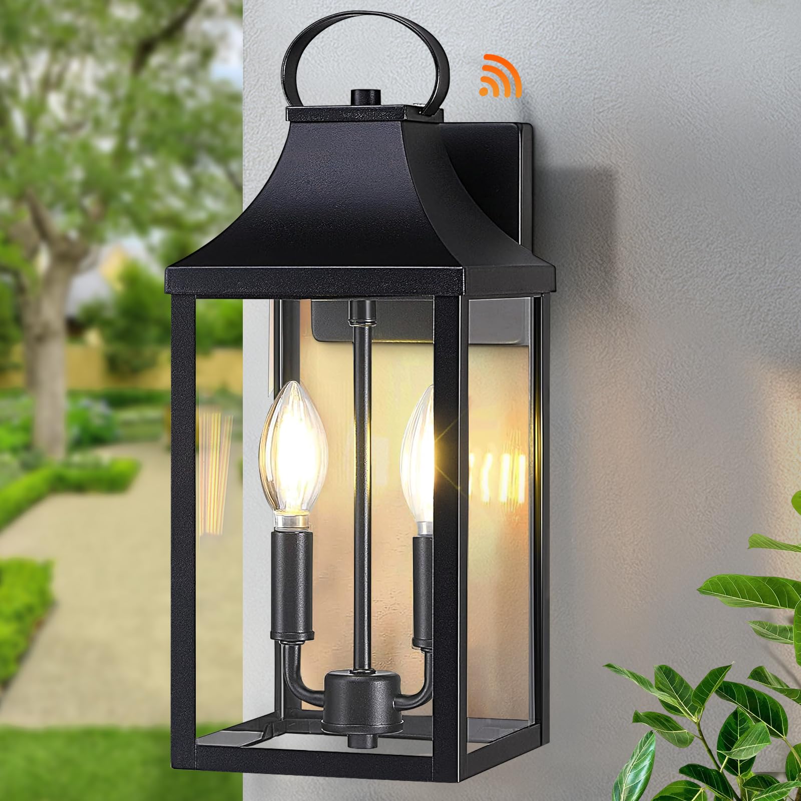 Myhxq 15" Dusk To Dawn Black Outdoor Wall Lantern 2-Light, Outside Modern Wall Sconce Light Fixture, Industrial Porch Light Wall Mount With E12 Sockets, Waterproof Exterior Lamp Lighting, Black
