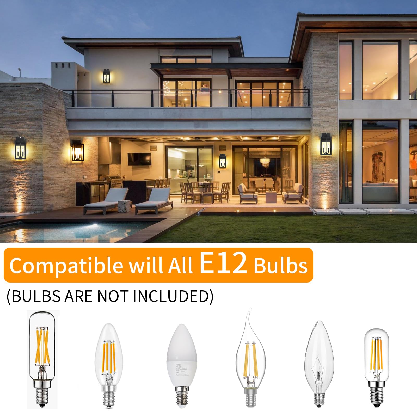 15.4&quot; Dusk To Dawn Black Outdoor Wall Lantern 2-Light, Outside Modern Wall Sconce Light Fixture, Industrial Porch Light Wall Mount With E12 Sockets, Waterproof Exterior Lamp Lighting, 1 Pack