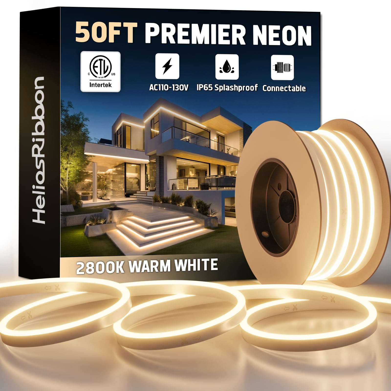 50FT LED Neon Rope Lights 2800K Warm White  ETL Listed 110-120V Outdoor Flexible Neon Band IP65 Waterproof  Connectable and Cuttable  for Home Commercial Contour Landscape Ambient Lighting Decor