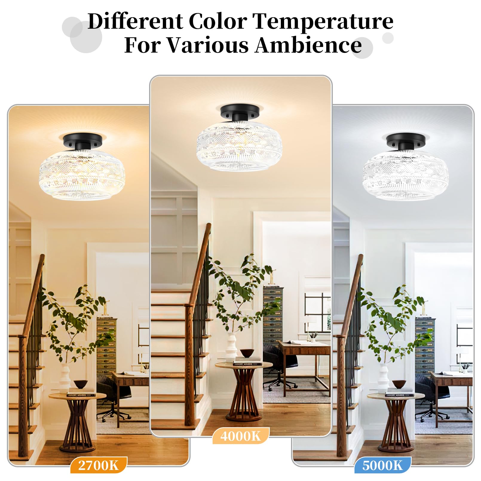 Apoto 11'' Large Semi Flush Mount Ceiling Light,Black Globe Glass Ceiling Light Fixture,Vintage Hallway Light Fixture Ceiling,Cl