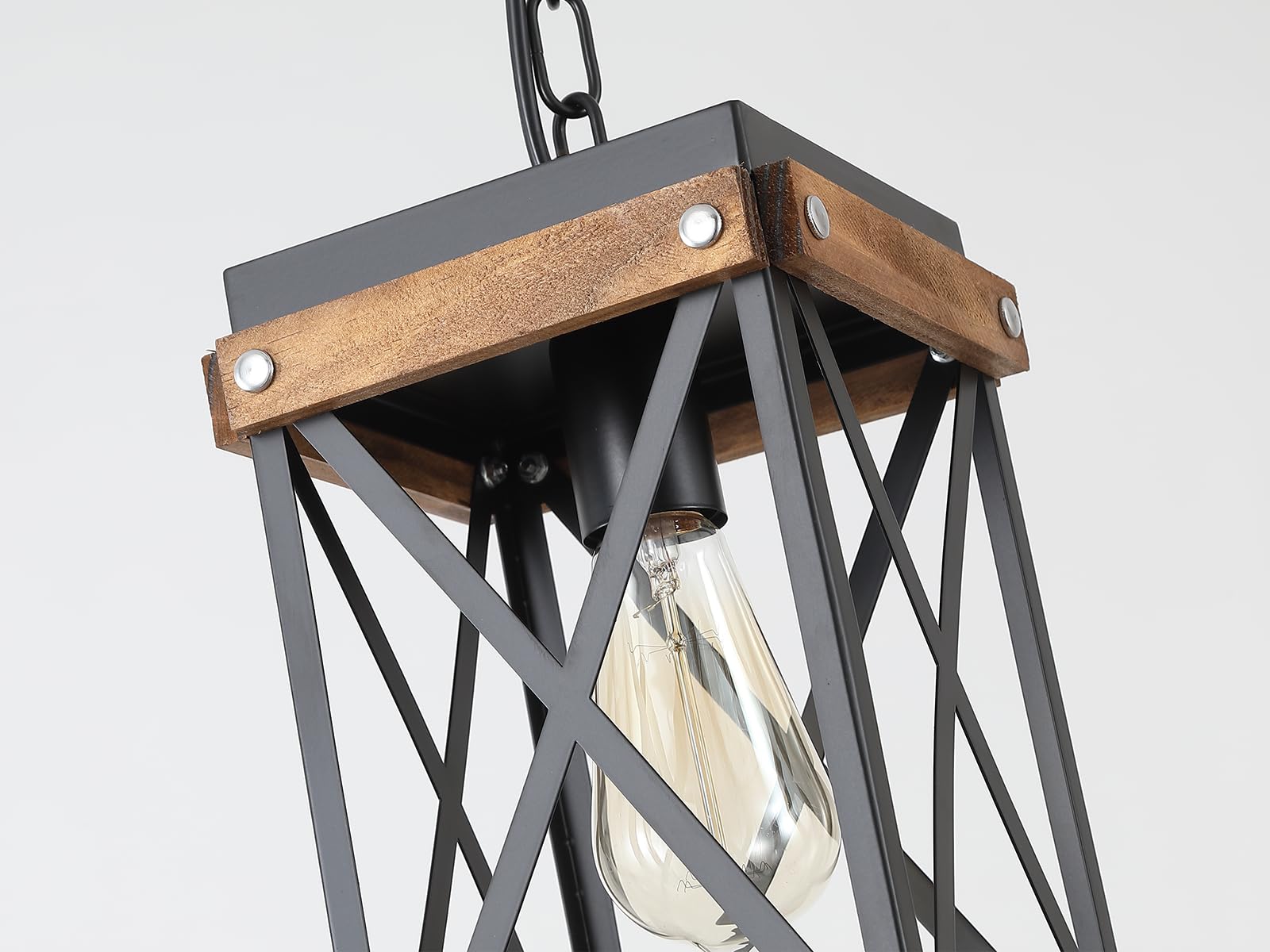 2 Pack Rustic Farmhouse Wood Pendant Light Fixture One-Light Adjustable Chain Oak Wood And Metal Lantern Cage Small Pendant Lighting For Kitchen Island Sink Hallway Farmhouse Bathroom Bar  Black