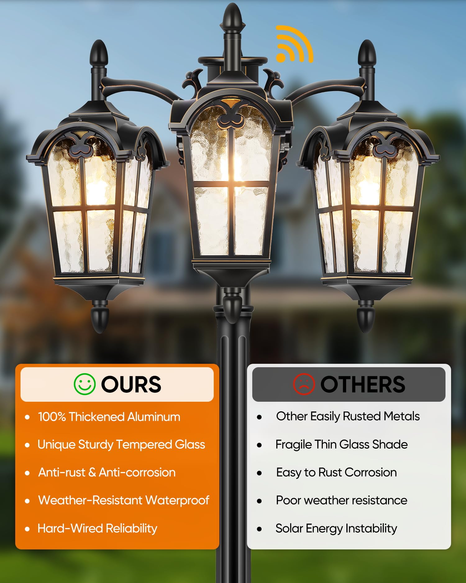 PARTPHONER Vintage Dusk to Dawn Outdoor Lamp Post, Triple Head, Waterproof, Black with Gold Trim, Model PAPO080AB1