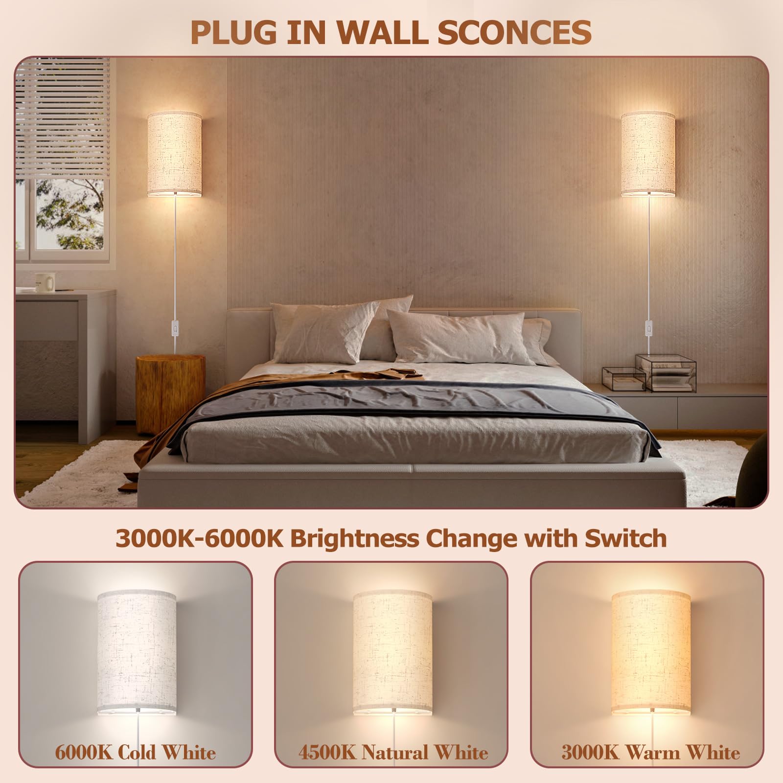 OCATO Wall Sconces Set of Two, Fabric Linen Shade, 3000K/4500K/6000K Selectable, Beige Plug-in, Model BYD-AC-001