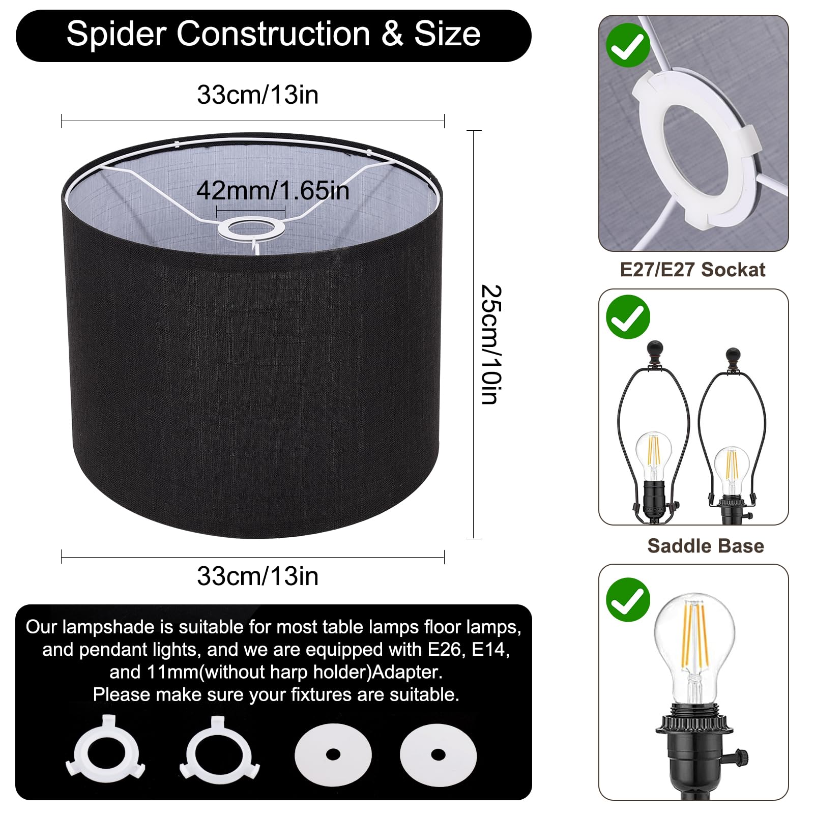 Black Lamp Shade, Large Drum Lampshade 13In Top X 13In Bottom X 10In High, Replacement Lamp Shade Natural Linen Hand Crafted For