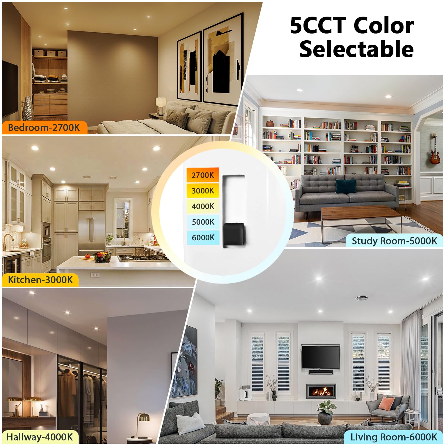 Lvwit 4 Inch Led Recessed Lighting, Slim Can Lights With White Cover, 5Cct Color Selectable, Dimmable Downlight With E26 Convers