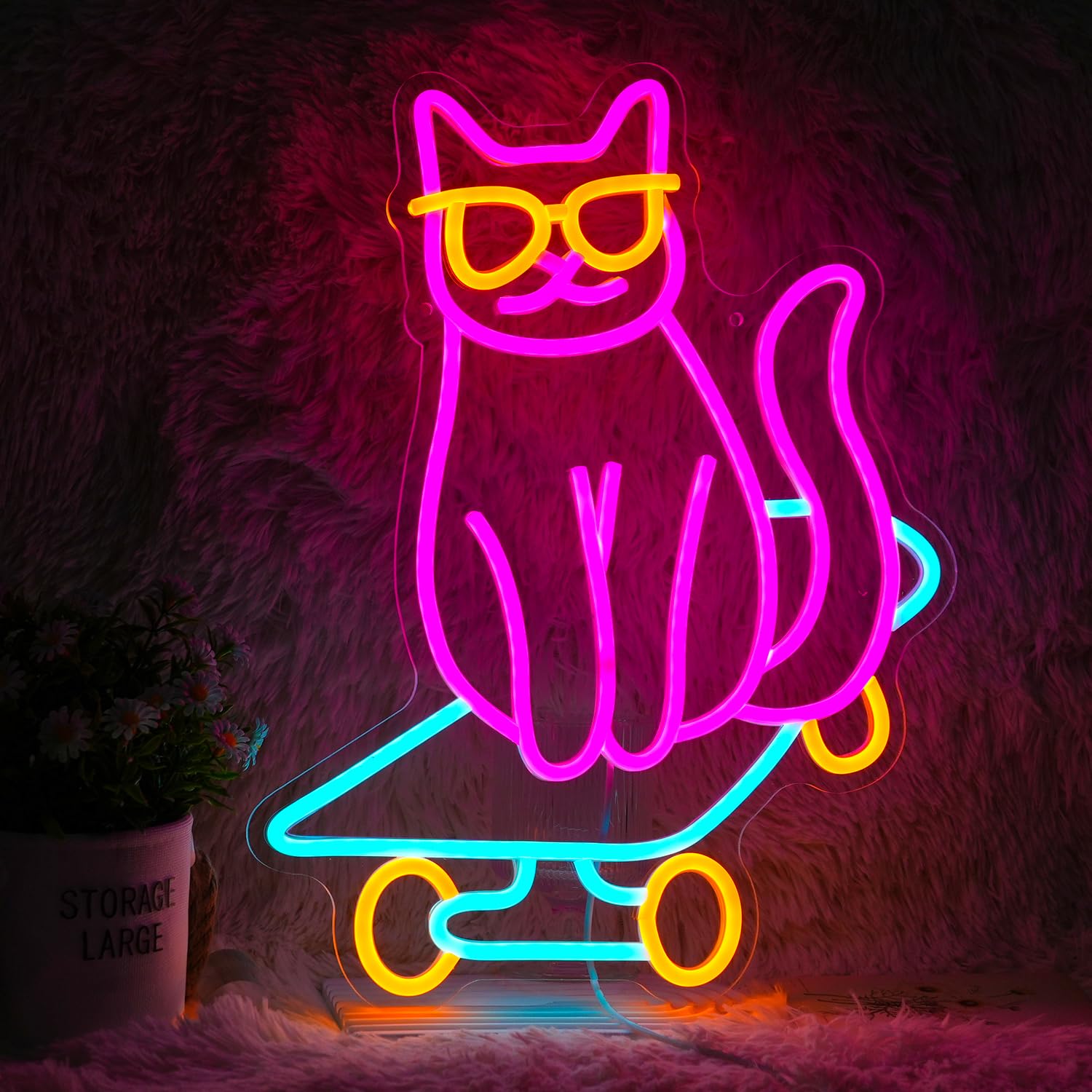 LISIGNVE Skateboard Cat Neon Sign LED Light Dimmable Multicolored Glass Decor for Bedroom Pet Shop Art Gift