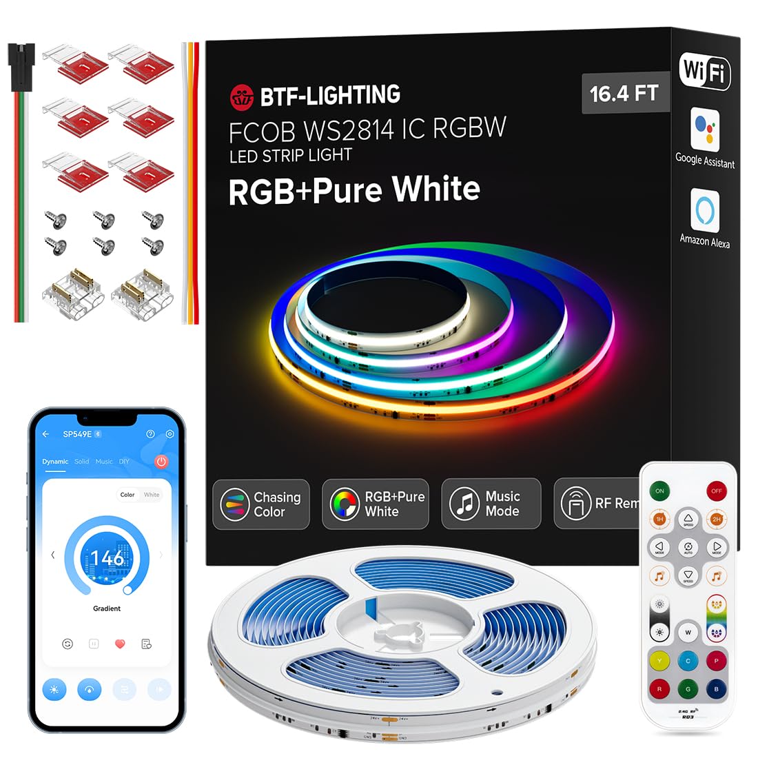 BTF-LIGHTING FCOB WS2814 IC RGBW 3000K Chasing Color COB LED Strip Kit Bluetooth WiFi Alexa Music Controller 16.4FT DC24V Addres