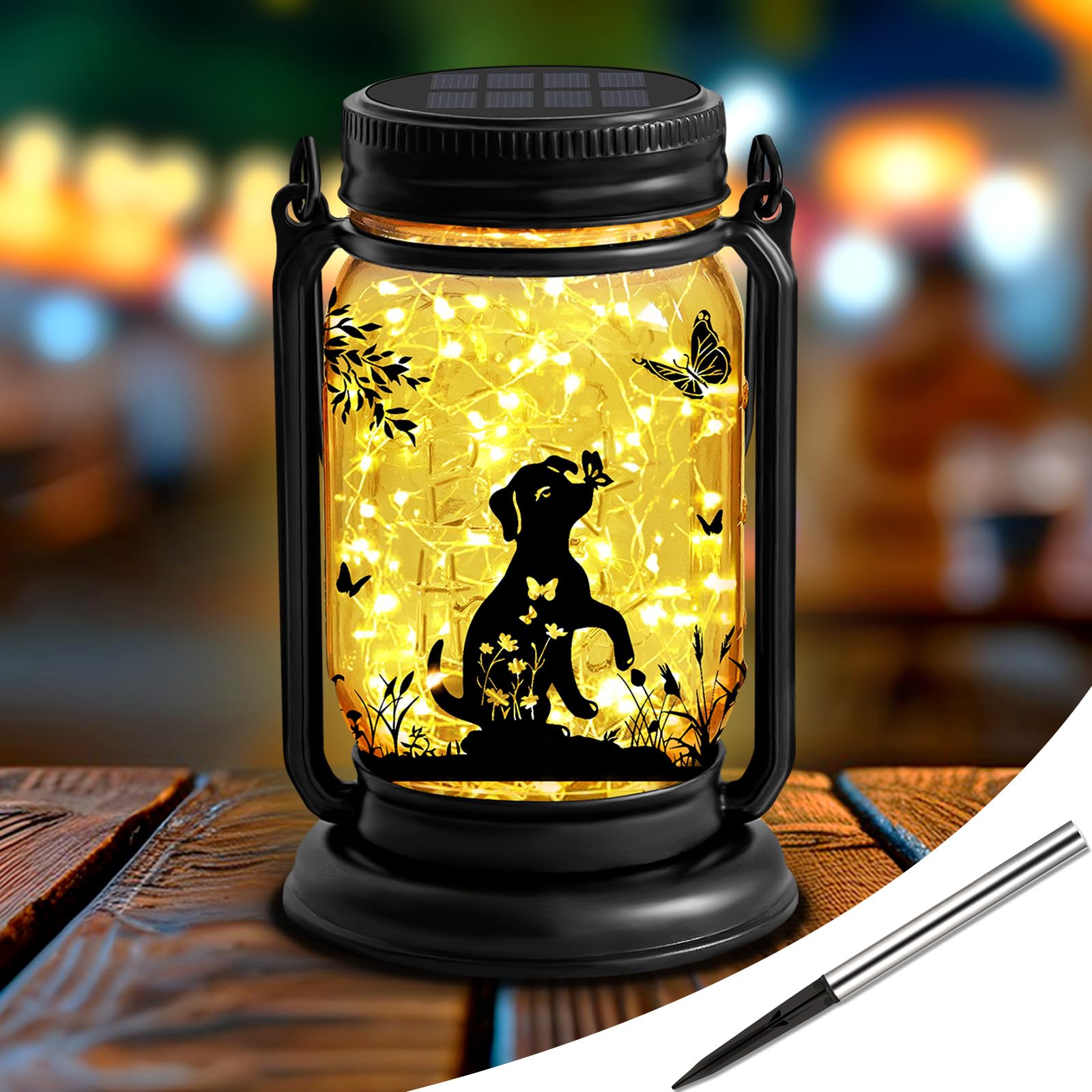 ANGMLN Dog Solar Lantern - 3-in-1 Waterproof Mason Jar Hanging Lights for Garden Decor, Model FG-61, Glass, Dog Color