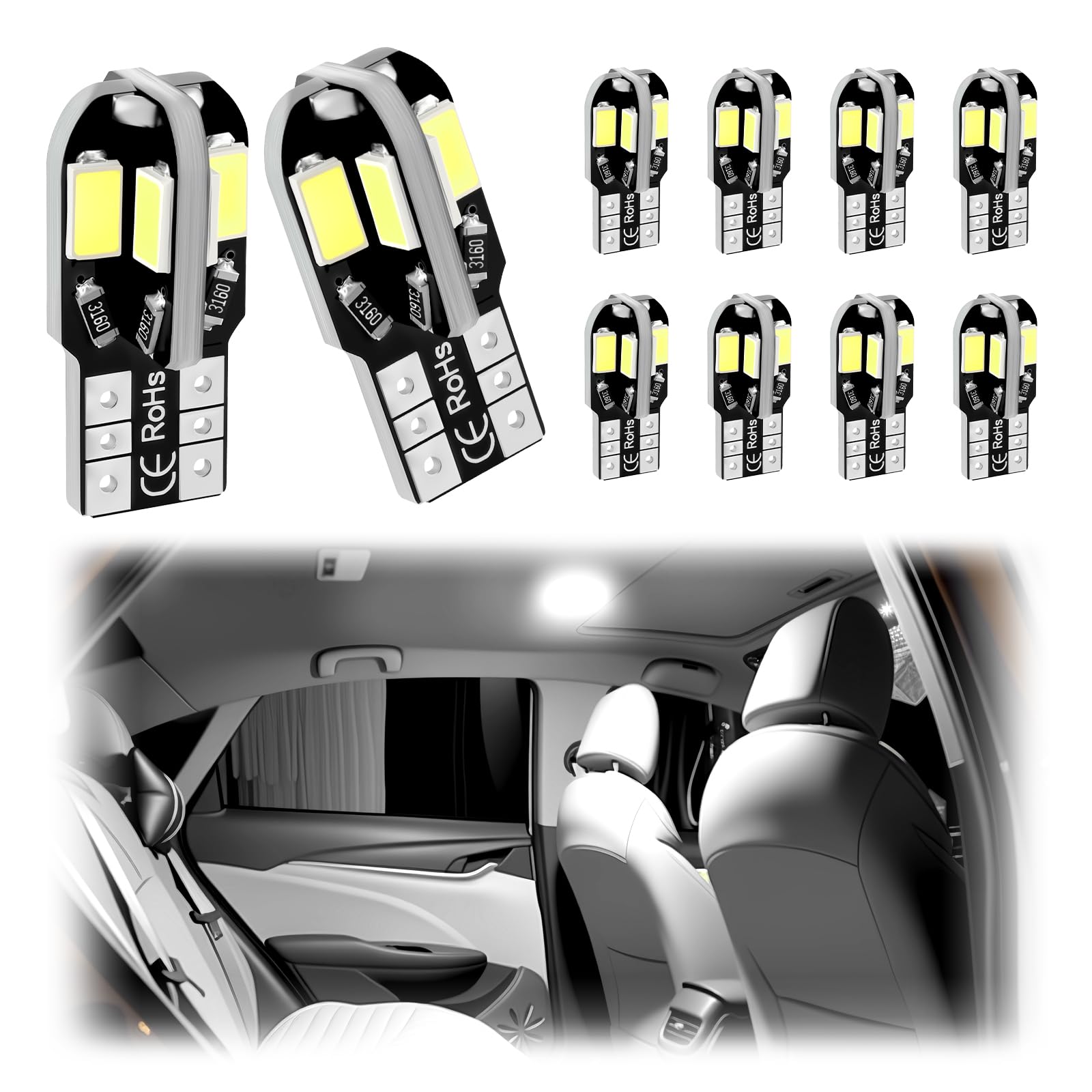 Purthog 10PCS T10 Interior Car Lights,5630 8SMD Car T10 LED Bulb with High Brightness as Map/Reading/LED License Plate Light Bul