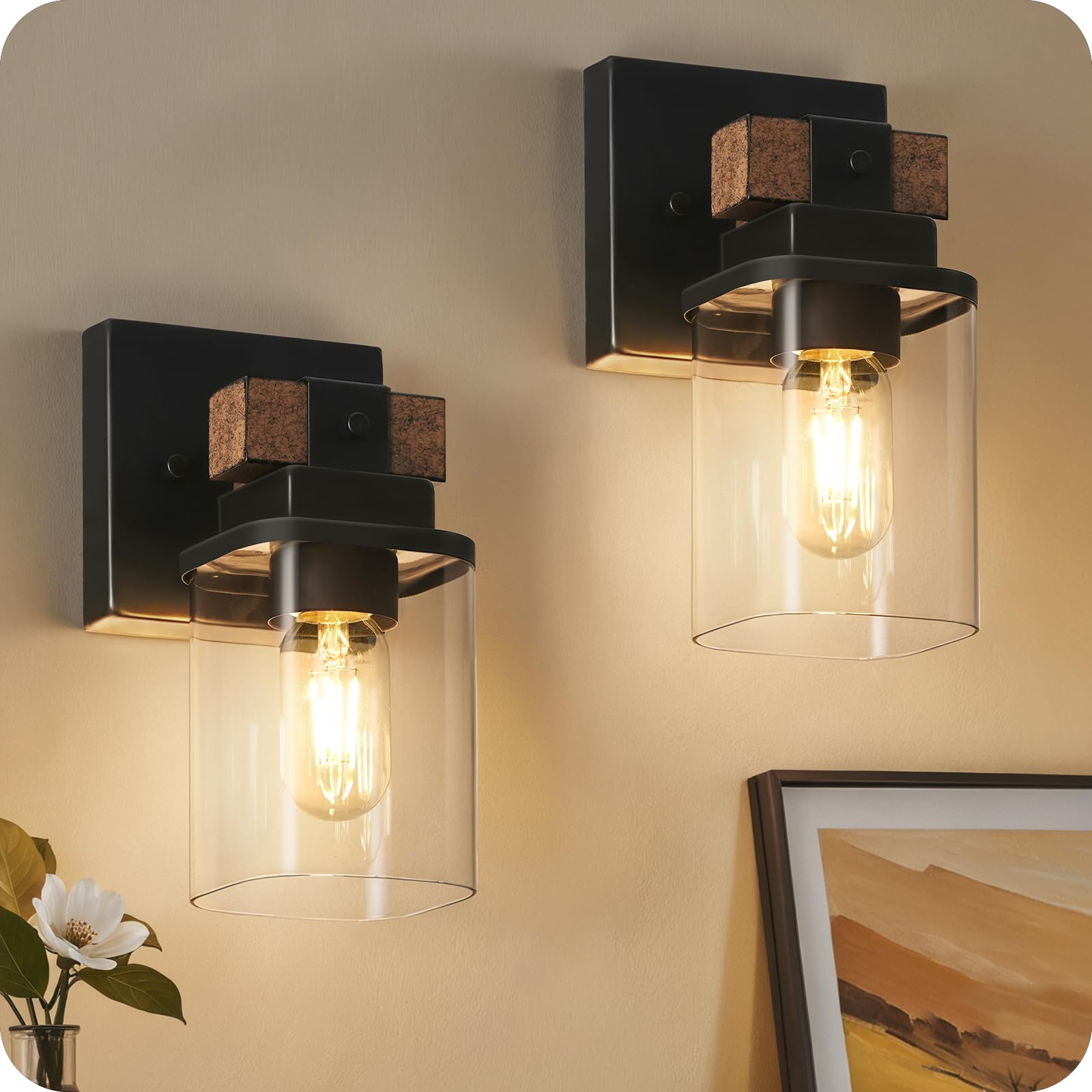 GOEBLESON Wall Sconces Set of 2, Rustic Brown + Black, Metal, Clear Glass Square Shade, Bathroom Light Fixture, Model 14BD-1