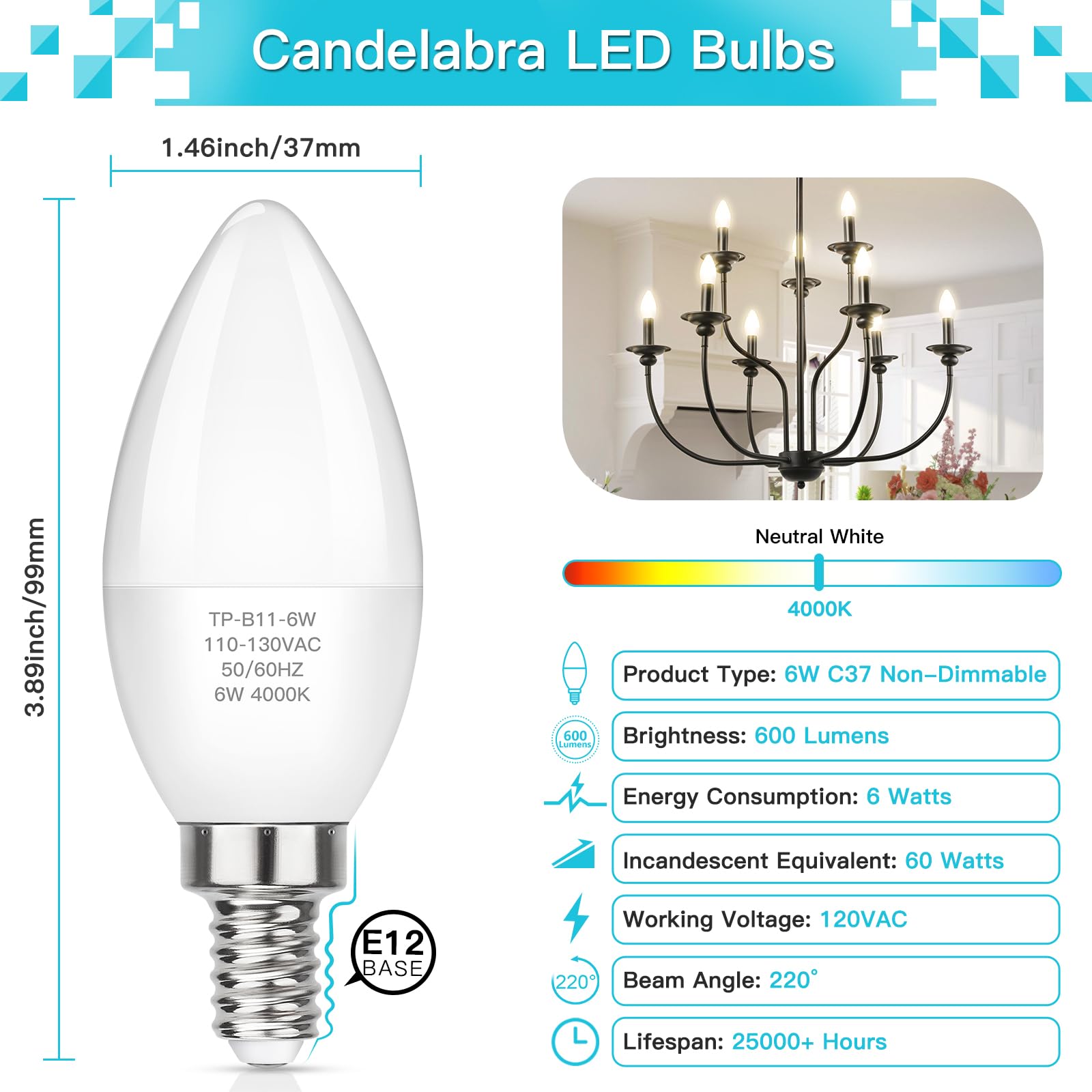 Maxvolador E12 Led Candelabra Light Bulbs 60W Equivalent, 4000K Neutral White 600 Lumens Chandelier Bulb, 6W B11 Candle Base, Non-Dimmable, Pack Of 6