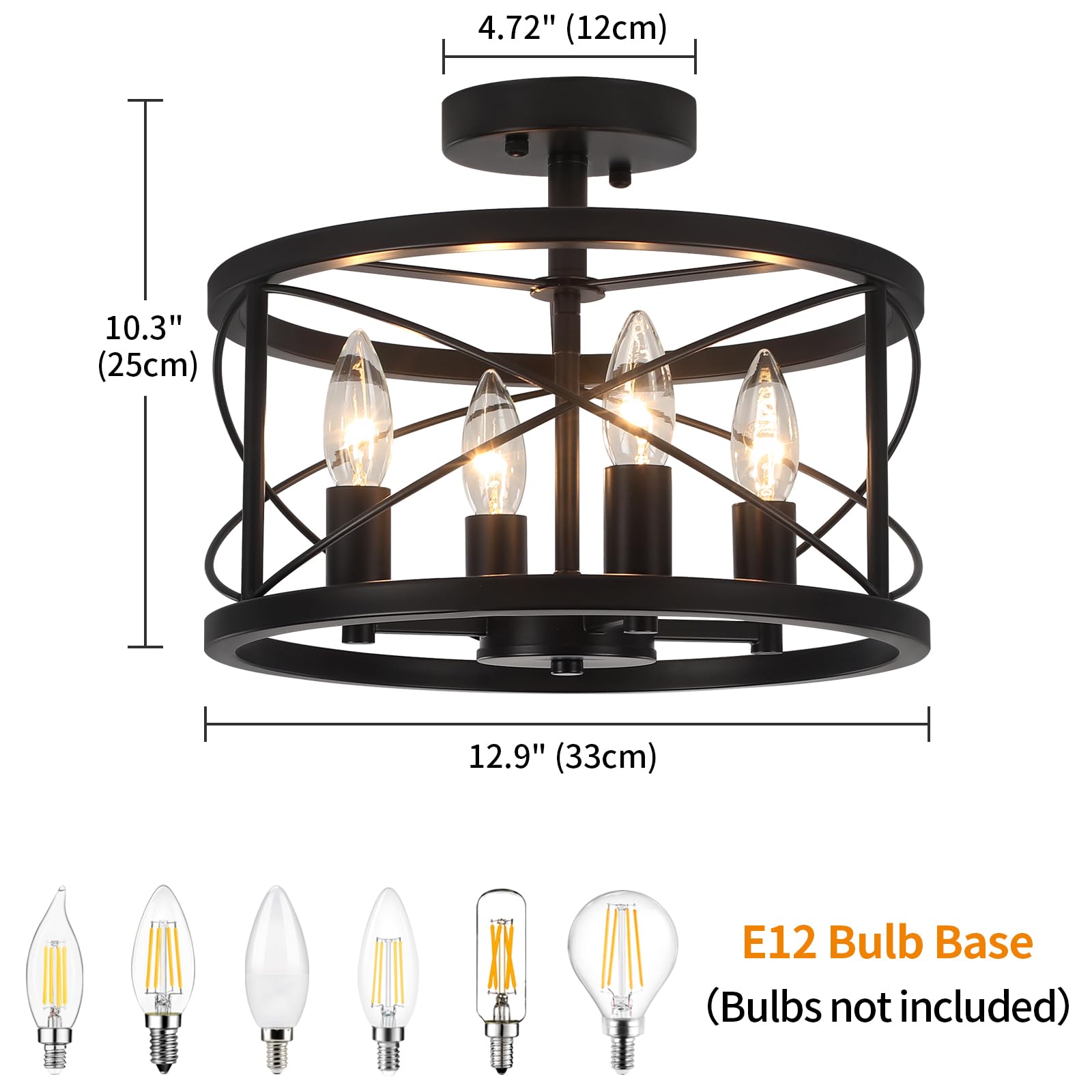 Toulmj 4-Light Black Semi Flush Mount Ceiling Light, Modern Entryway Light Fixtures, Farmhouse Light Fixtures Ceiling Mount For