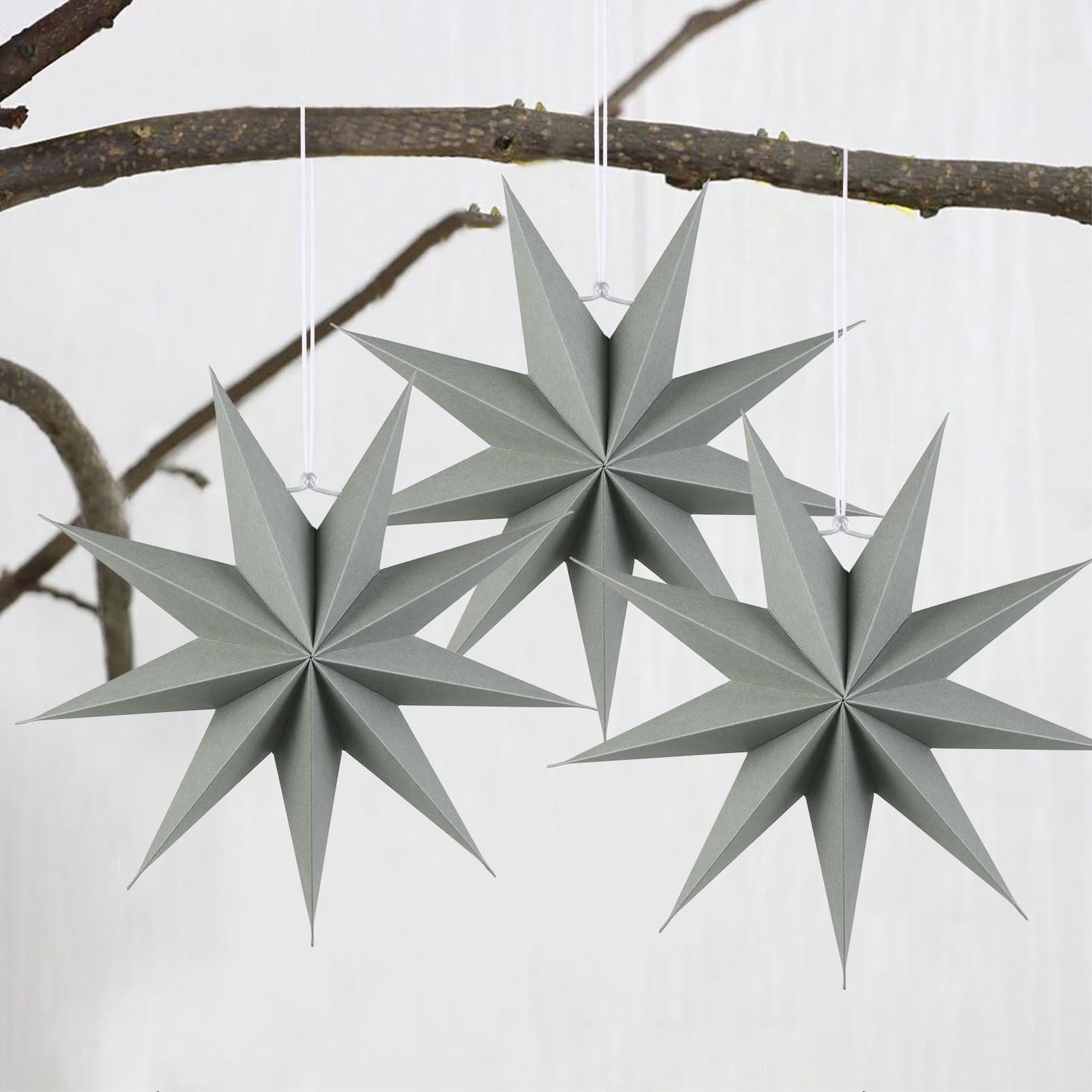 Sunbeauty Grey 9-Pointed Grayish Green Paper Star Lanterns 12 Inch Christmas Hanging Lamp Paper Decorations Shade Wedding Birthd