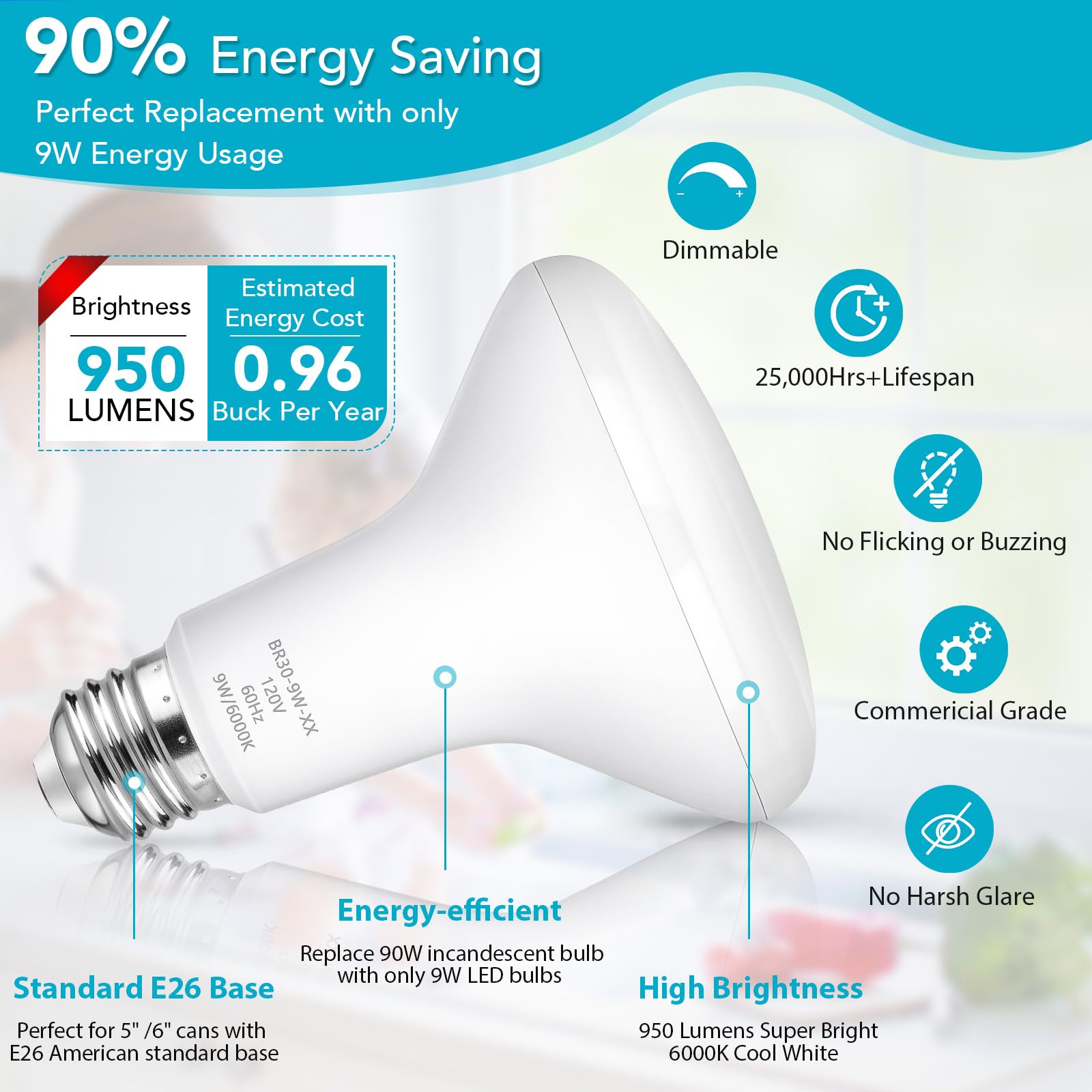 Maylaywood Br30 Led Light Bulbs Indoor Flood Light, 90W Equivalent, Dimmable, Cool White 6000K, 950Lm, E26 Base, 9W Led Recessed