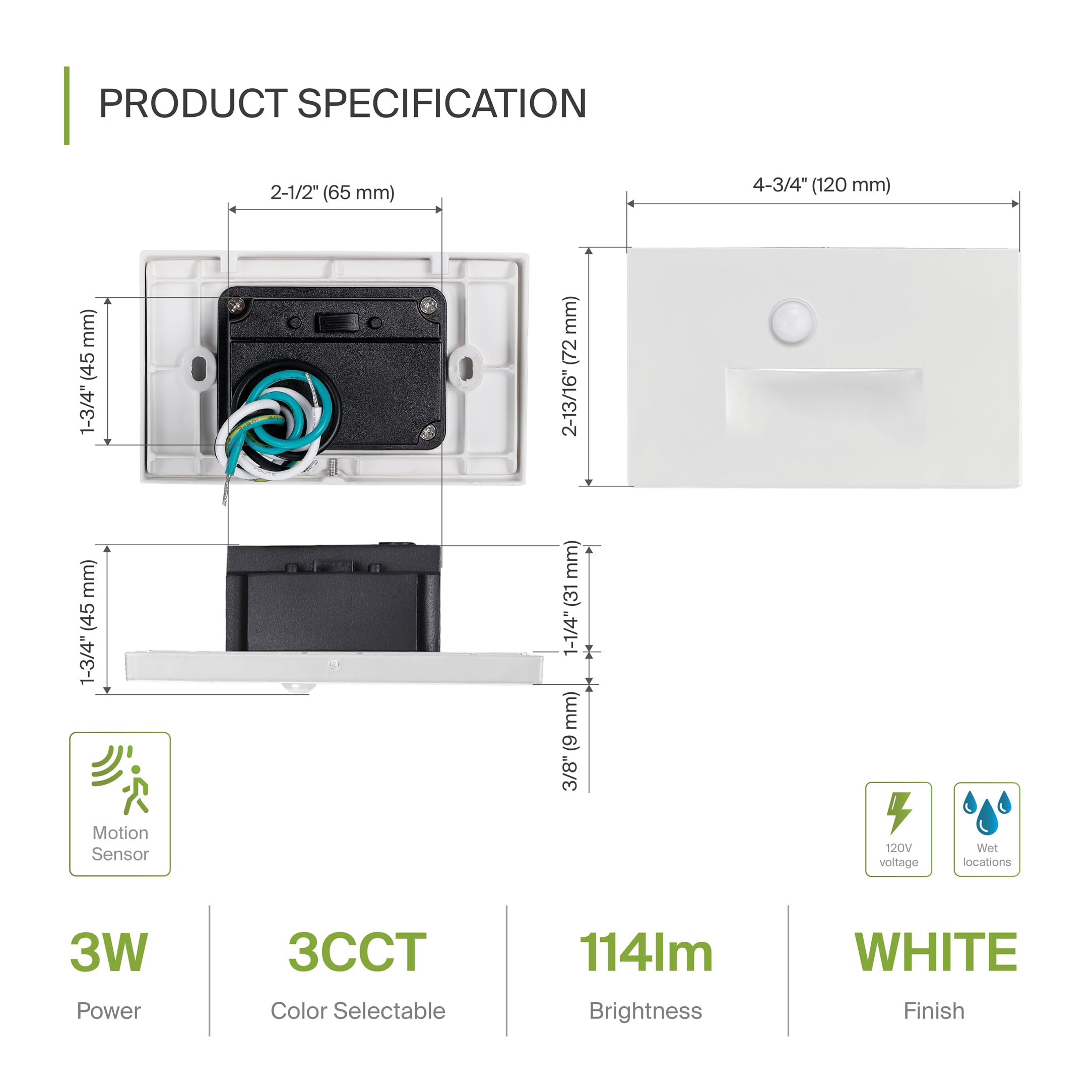 ASD LED Recessed Step Light Fixture, 3W 120LM, 3000K-5000K, Motion Sensor, Waterproof, White, 4.75 Inch, Model A