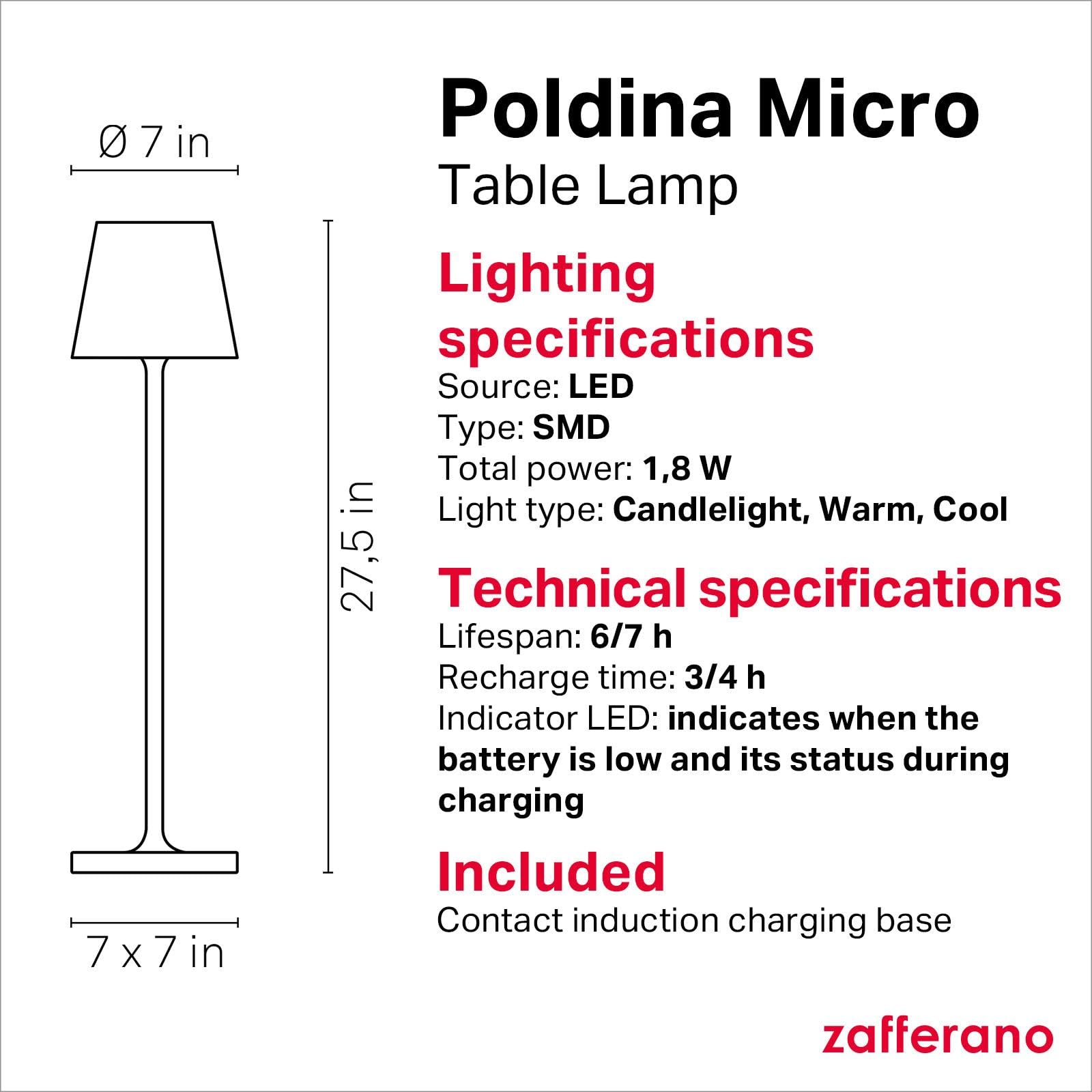 Zafferano Poldina Micro Lamp Rechargeable Cordless Table Lamp Touch Control 10.8 Inches White Model LD0490B3