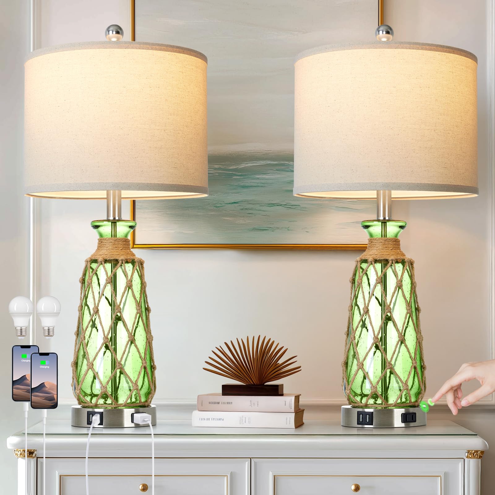 Ruzectt 25.5 Green Glass Table Lamps Set of 2  3-Way Dimmable Touch Control Bedside Lamps with 2 USB Ports and AC Outlet  Coastal Nightstand Lamp for Bedroom Living Room (LED Bulbs Included)