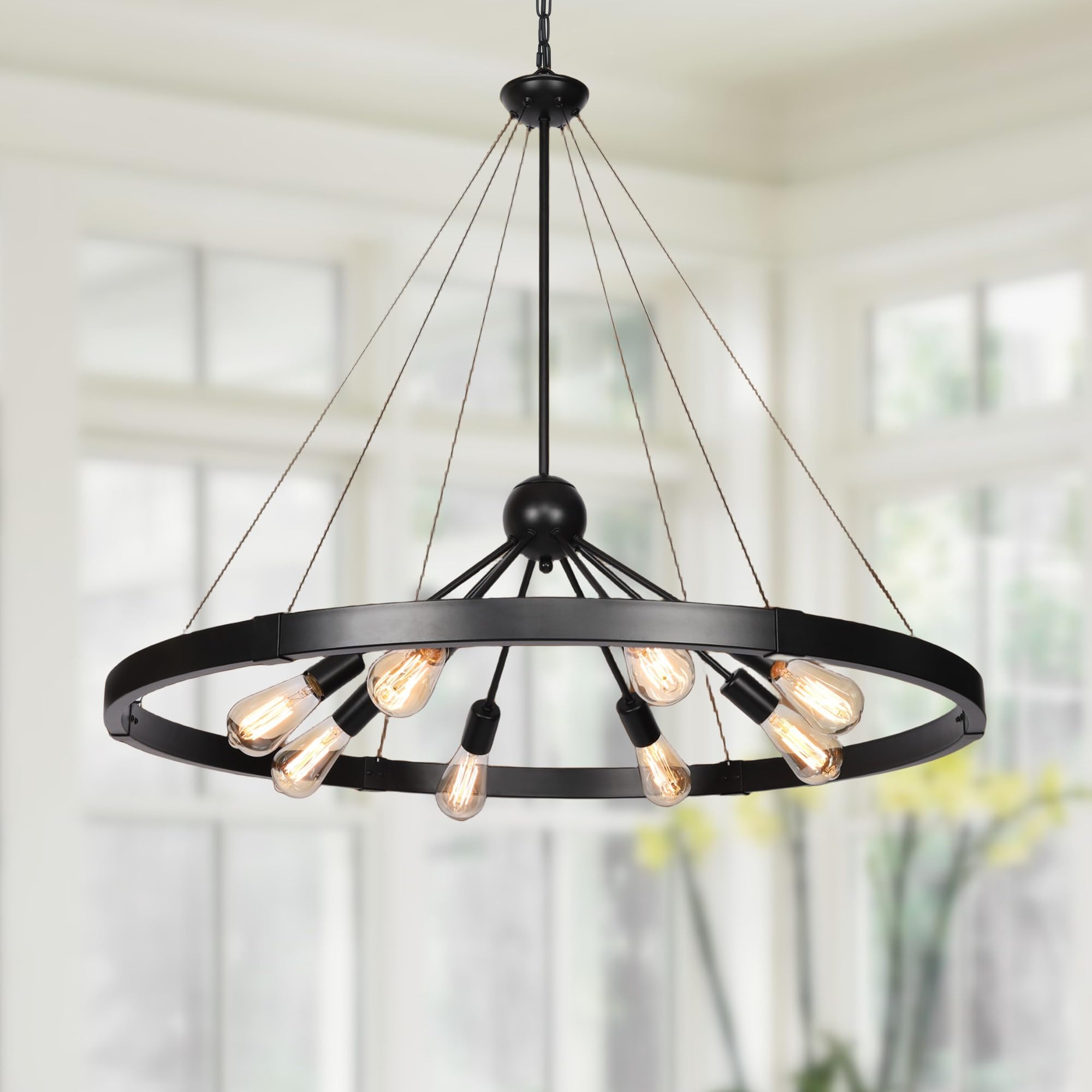 Klgxnrd 38.2'' Large Black Wagon Wheel Chandelier for Dining Room, 8-Light Country Round Metal Pendant Light Fixtures for Living