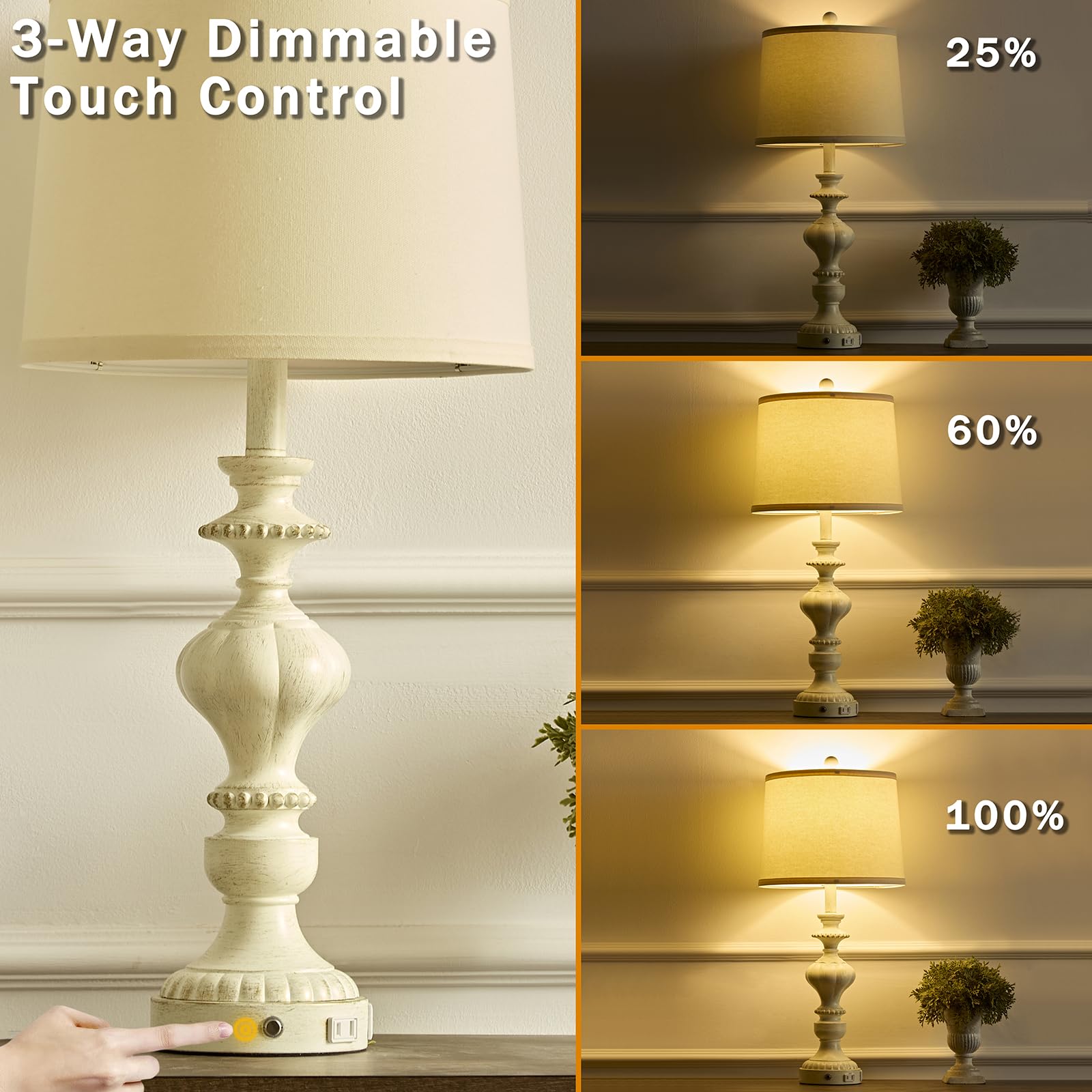 SAIWEYA 27.5" Farmhouse Table Lamps Set of 2 - 3 Way Dimmable Touch, USB C+A Ports & AC Outlet, White Gold