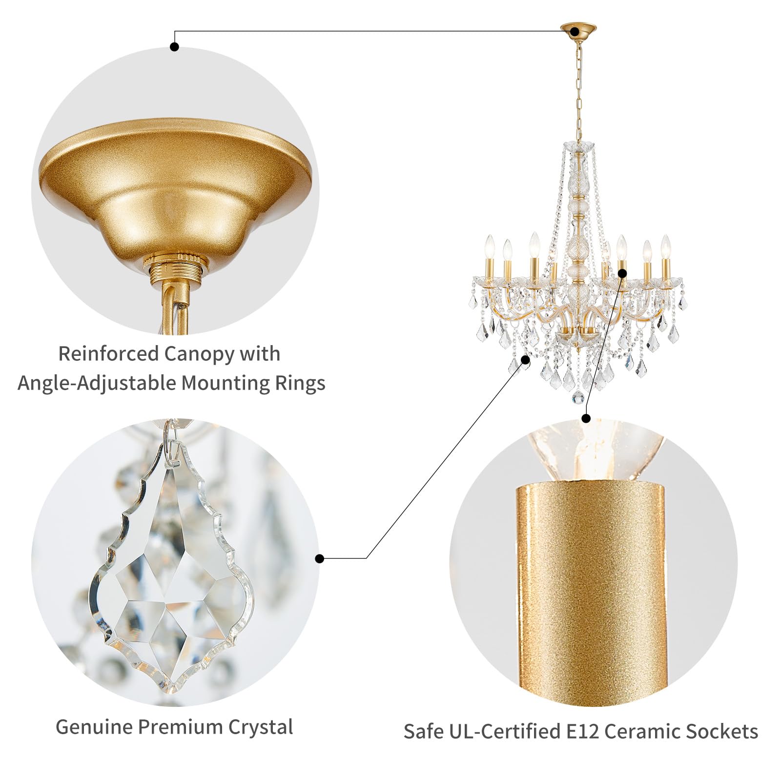 Wuzups 8-Light Crystal Candle Chandelier Pendant Ceiling Light Modern Lighting Fixture For Bedroom Hallway Bar Kitchen Bathroom  H 35.4 W 27.6  E12 Base  Gold