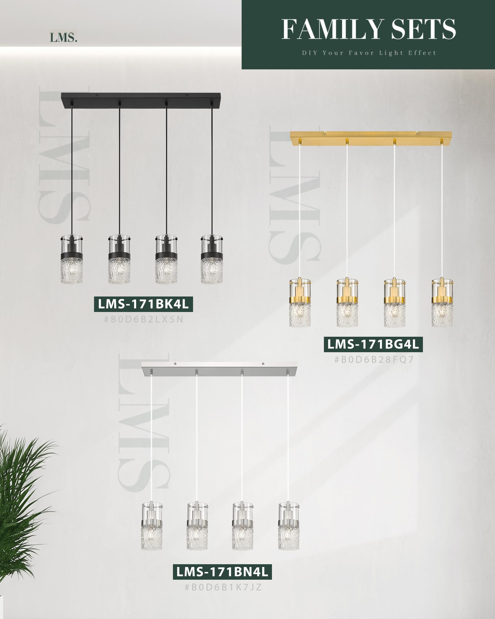 LMS 4-Light Island Lighting Fixture, Brushed Nickel, Hammered Glass, 3.5" Chandelier, Farmhouse Style, Model LMS-171BN4L