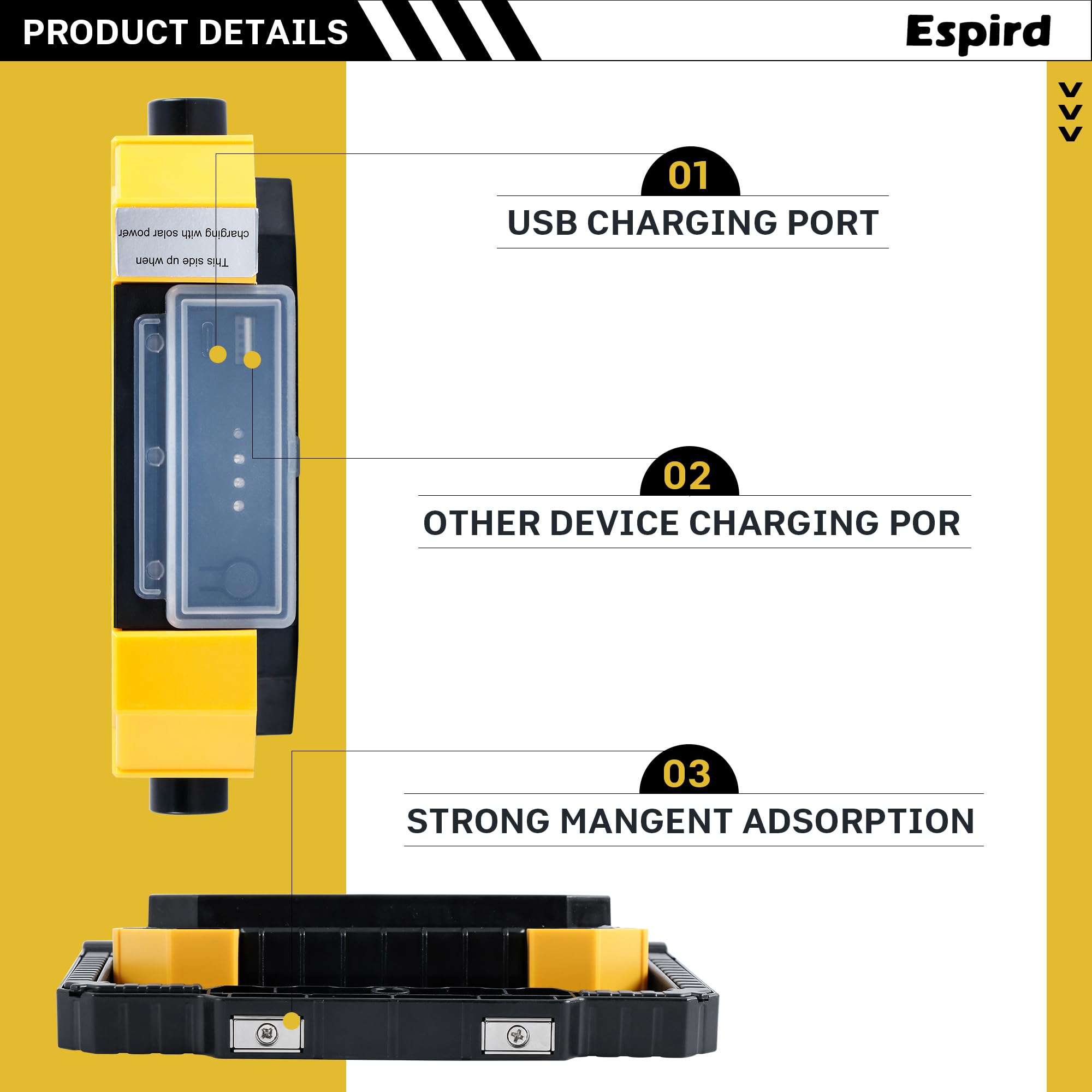 Espird Portable LED Work Light - 12000mAh, 10000LM, Magnetic, 4 Modes, Black, Model L-29, Rechargeable for Camping & Emergency