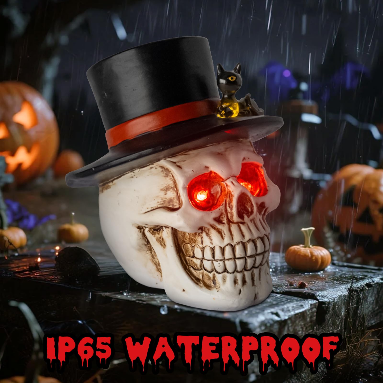 Pohabery Halloween Skull Decorations - Medium Solar Light with Spooky Red Eyes, Resin Figurine, Black Cat for Yard & Garden