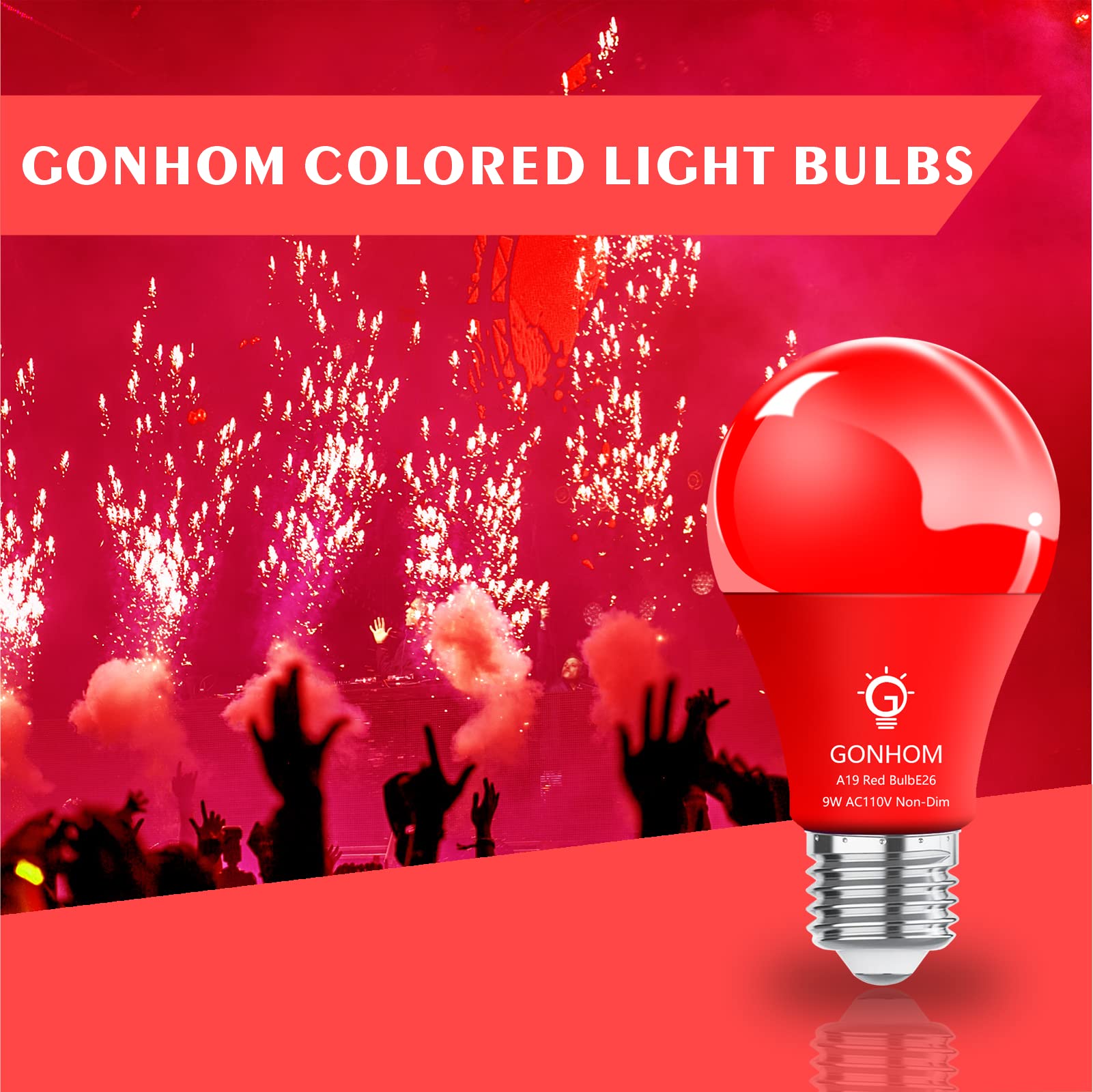 Gonhom 2 Pack Red Led A19 Light Bulbs, 9W Equivalent For Holiday & Decorative Lighting