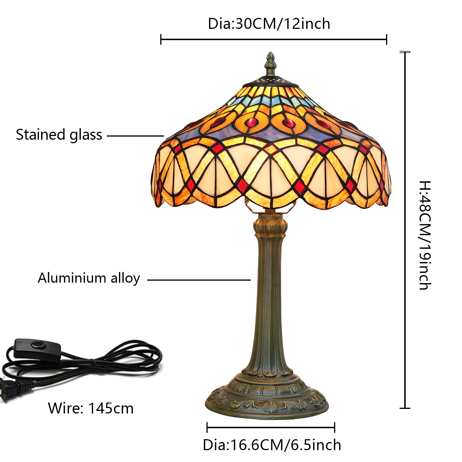 Blivuself Tiffany Lamp - Yellow Peacock Stained Glass Table Lamp, Small Vintage Handmade Design for Living Room & Office