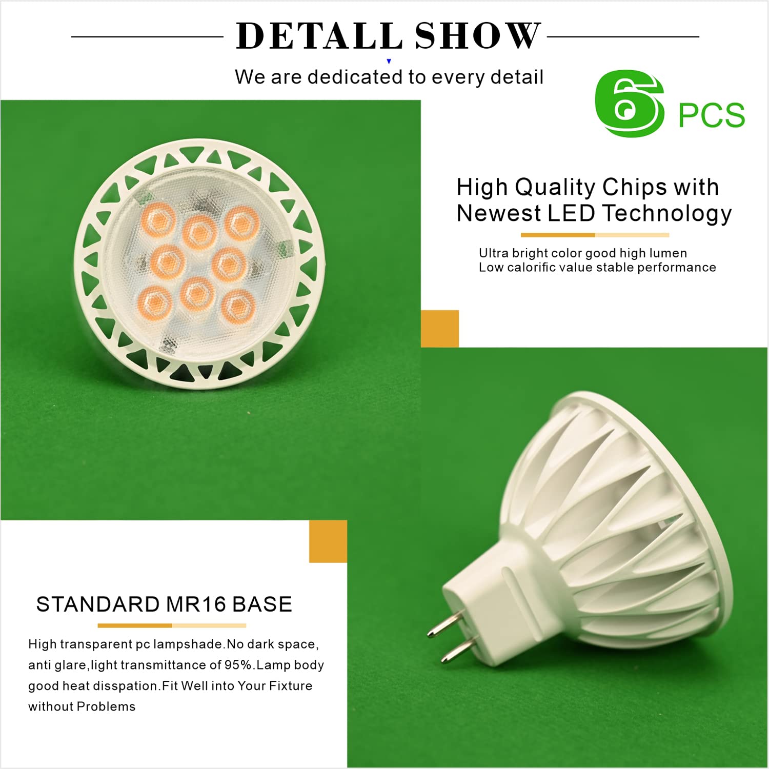 Aimeoko Mr16 Led Bulb Light Bulbs 6 Pack, 5W (50W Halogen Equivalent) 2700K Warm White Gu5.3 Base 12V Spotlight Non-Dimmable 38
