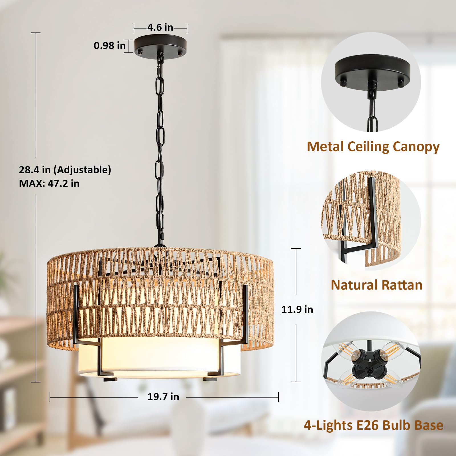 SupMaka 4-Light Rattan Chandelier, 19.7" Brown Boho Pendant Light for Dining Room, Kitchen, Bedroom - Model m-A0316