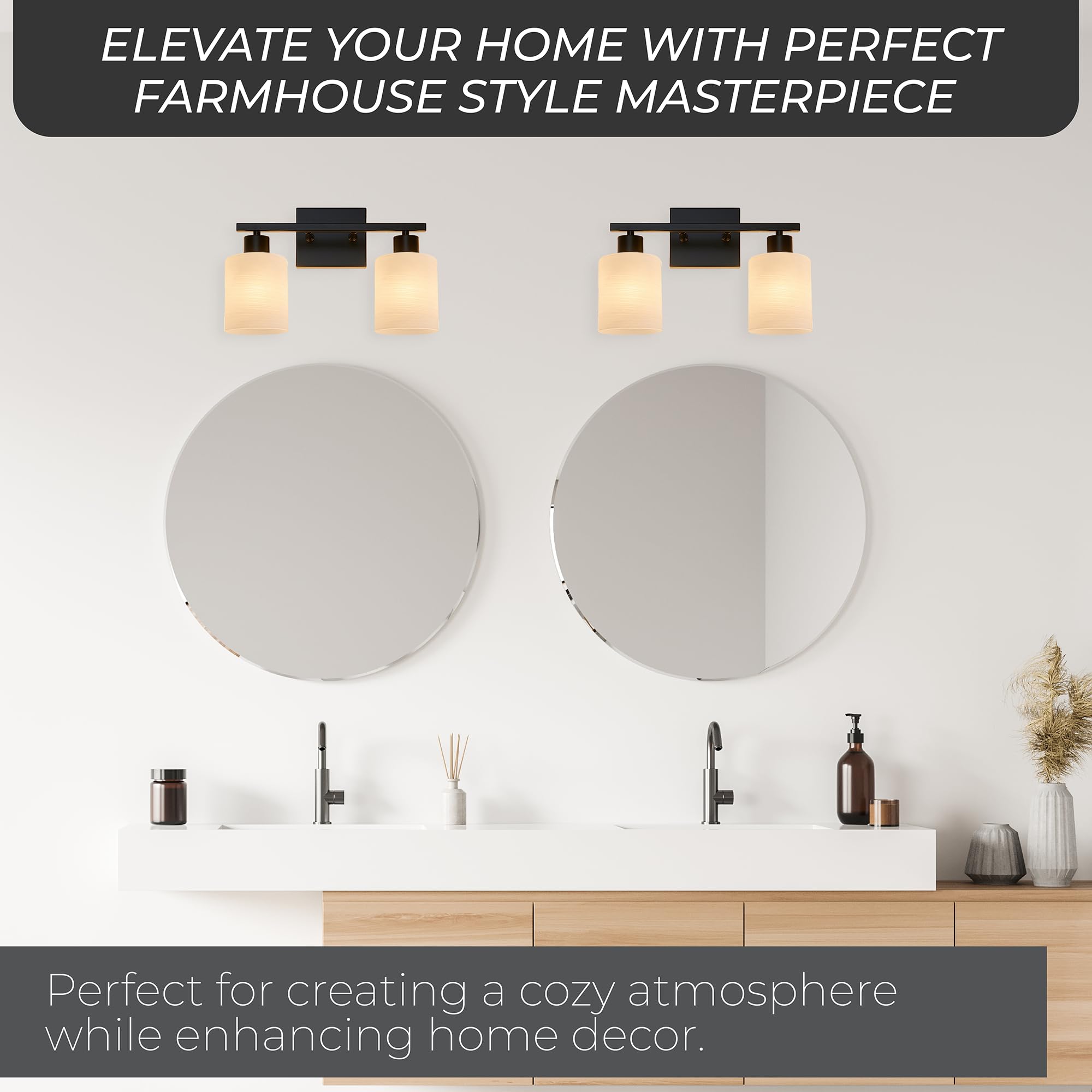 The Door Bull Modern Bathroom Vanity Light, 2 Lights, Matte Black, Milky White Glass Shades, Stainless Steel, Model VNT-1000