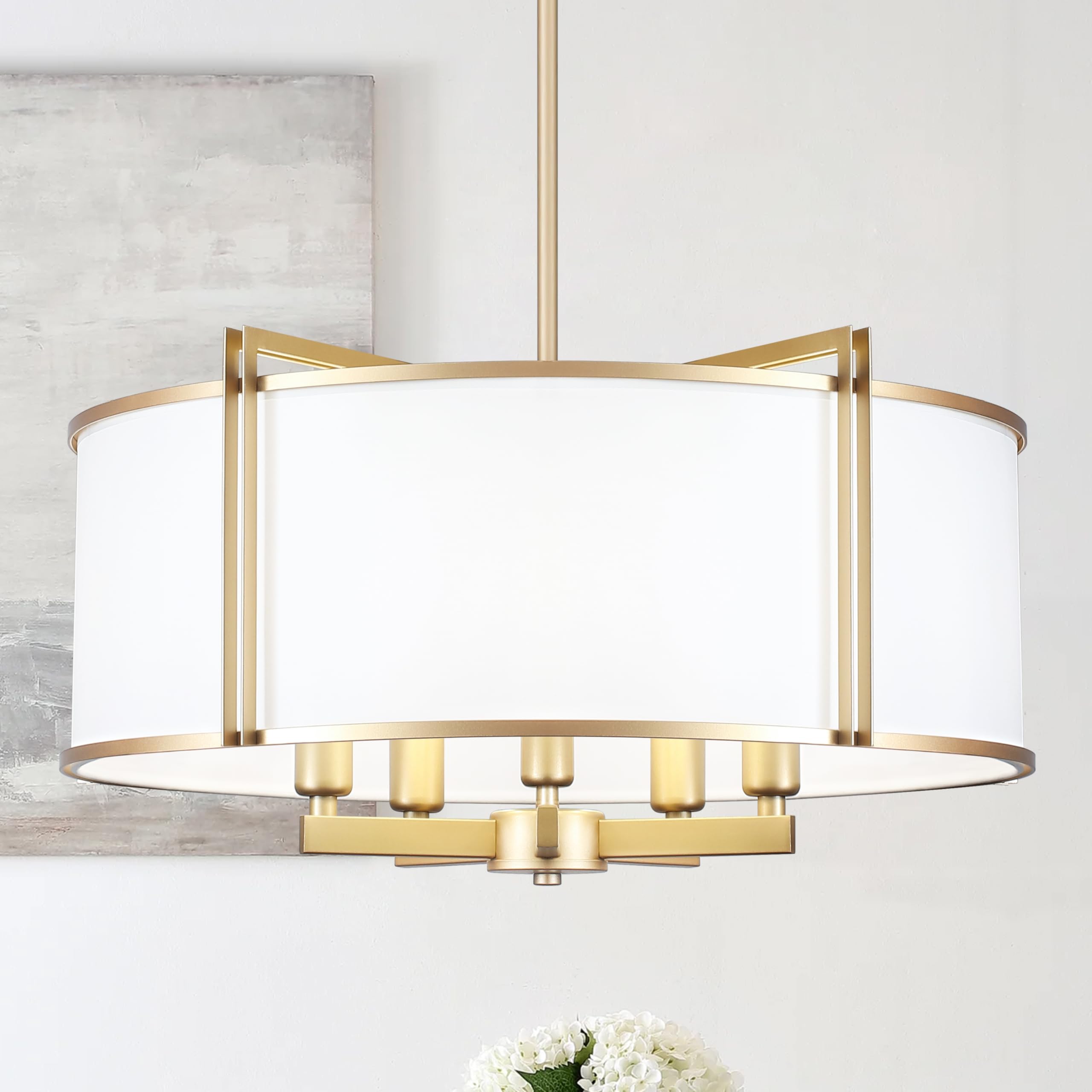 Cwarmozy 19.6'' Gold Drum Chandelier 5-Light Modern White Fabric Chandeliers For Dining Room Adjustable Farmhouse Pendant Light 