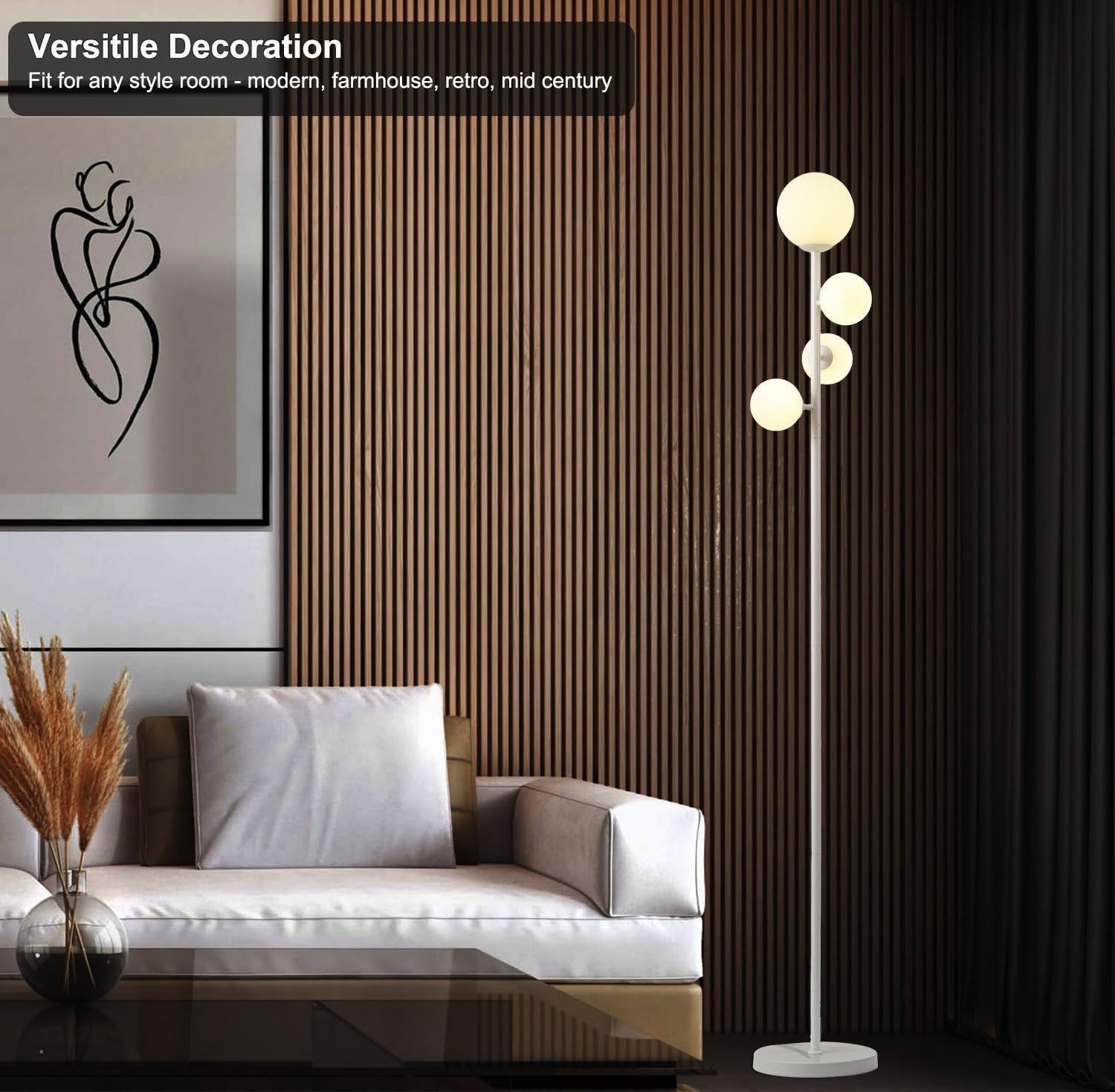 Fiqevs 4 Globe Floor Lamp - Modern White Standing Lamp With Frosted Glass Shade & Led Bulbs