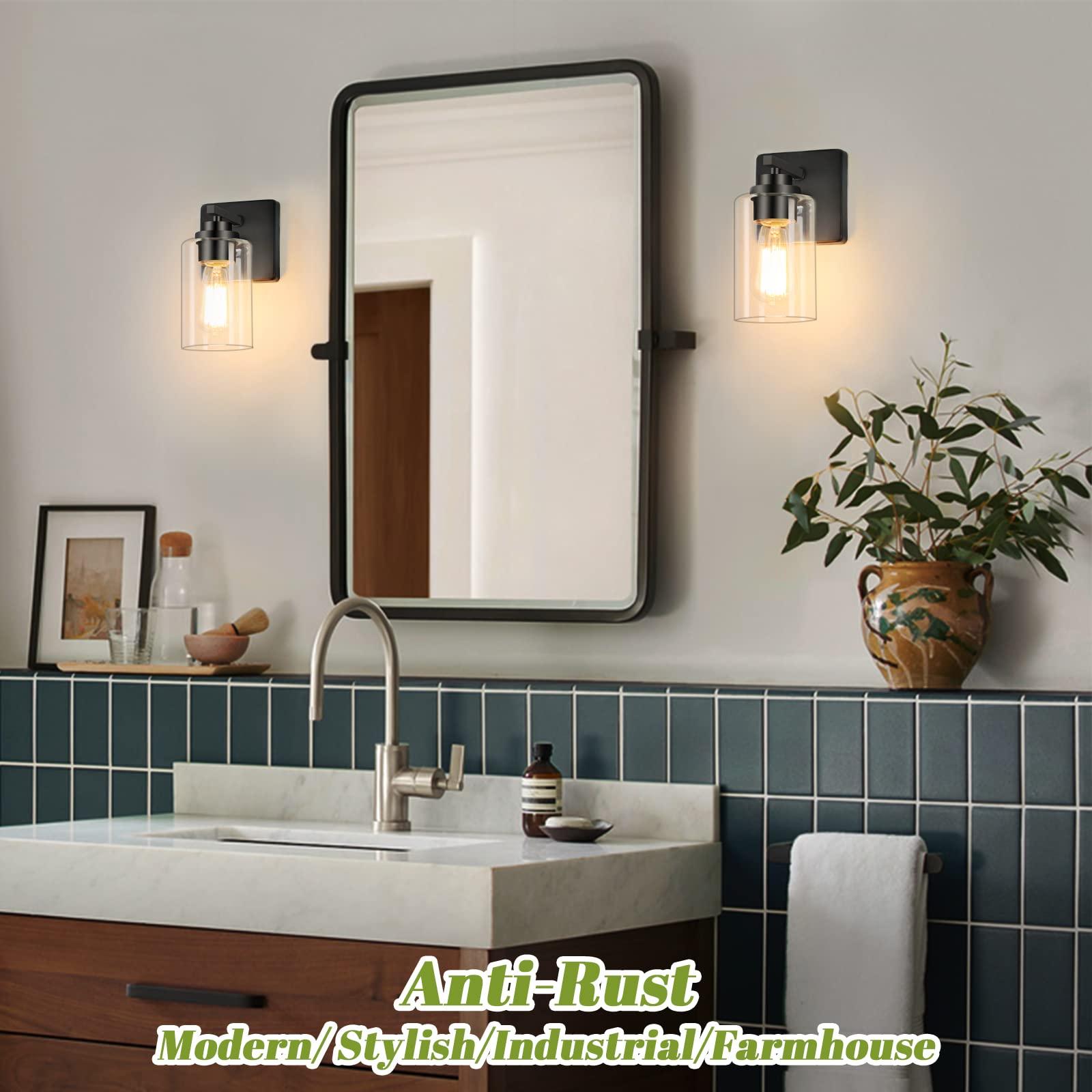 Set Of 2 Wall Sconces For Bathroom, Modern Vanity Light Fixtures, Matte Black Wall Mount Lighting Lanterns, Farmhouse Wall Light