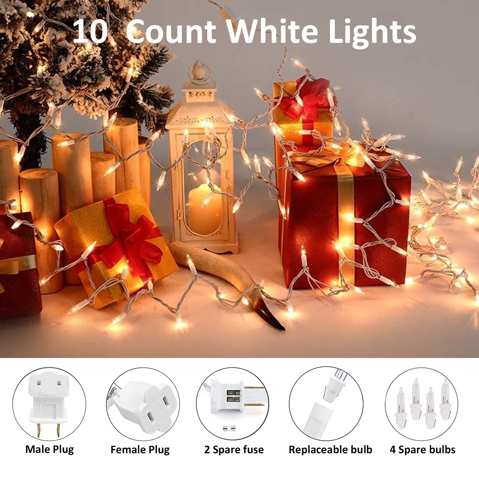 Lidore Super Bright Clear Mini Christmas Tree String Lights, Gift For Decoration, 8Ft 10 Count Bulbs With White Cord, Ul Listed Indoor Outdoor Lighting For Holiday (White Cable)