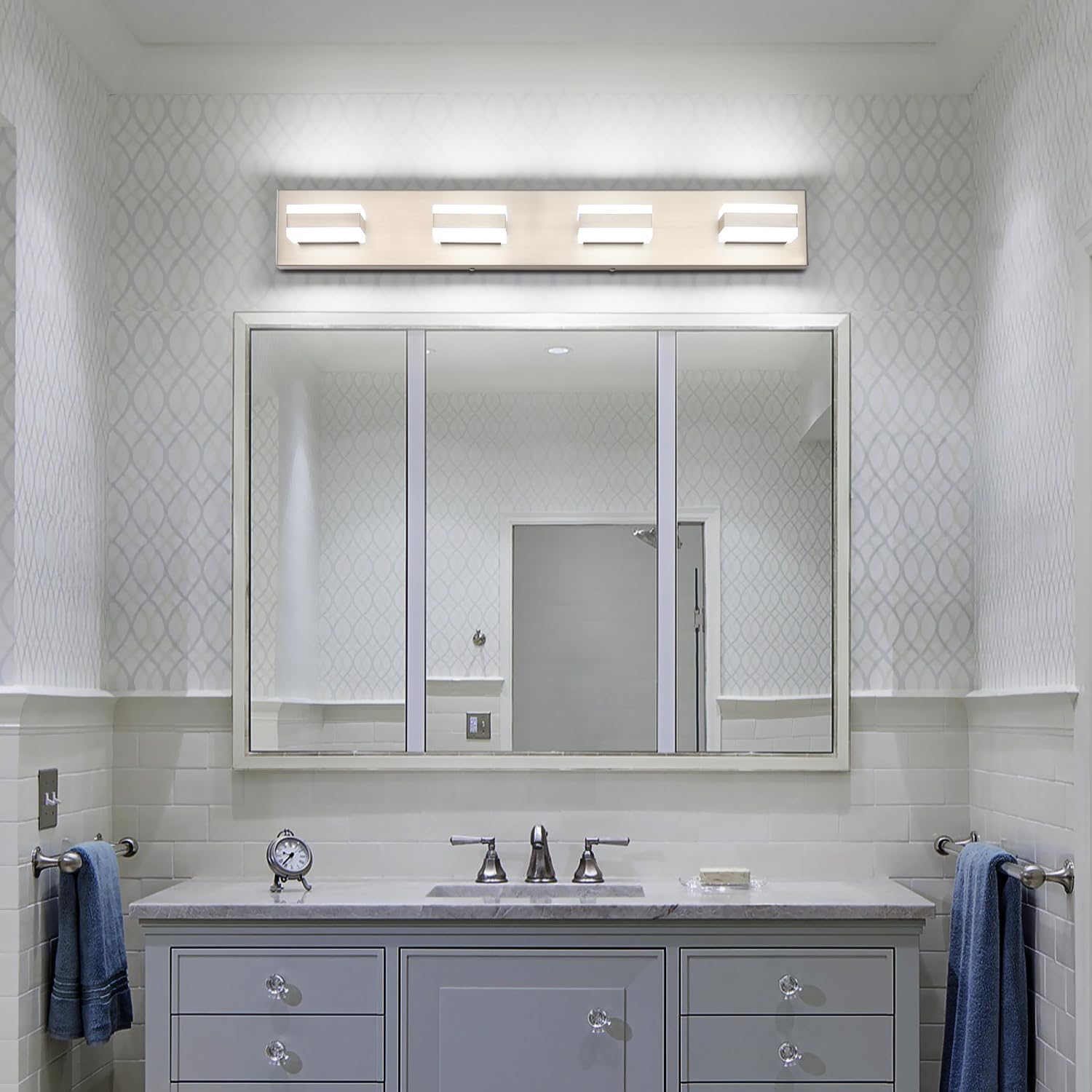 SOLFART Bathroom Vanity Lights Brushed Nickel 4-Light LED Fixture 29.5 inch Model S8568-4T-6000K-Nickel
