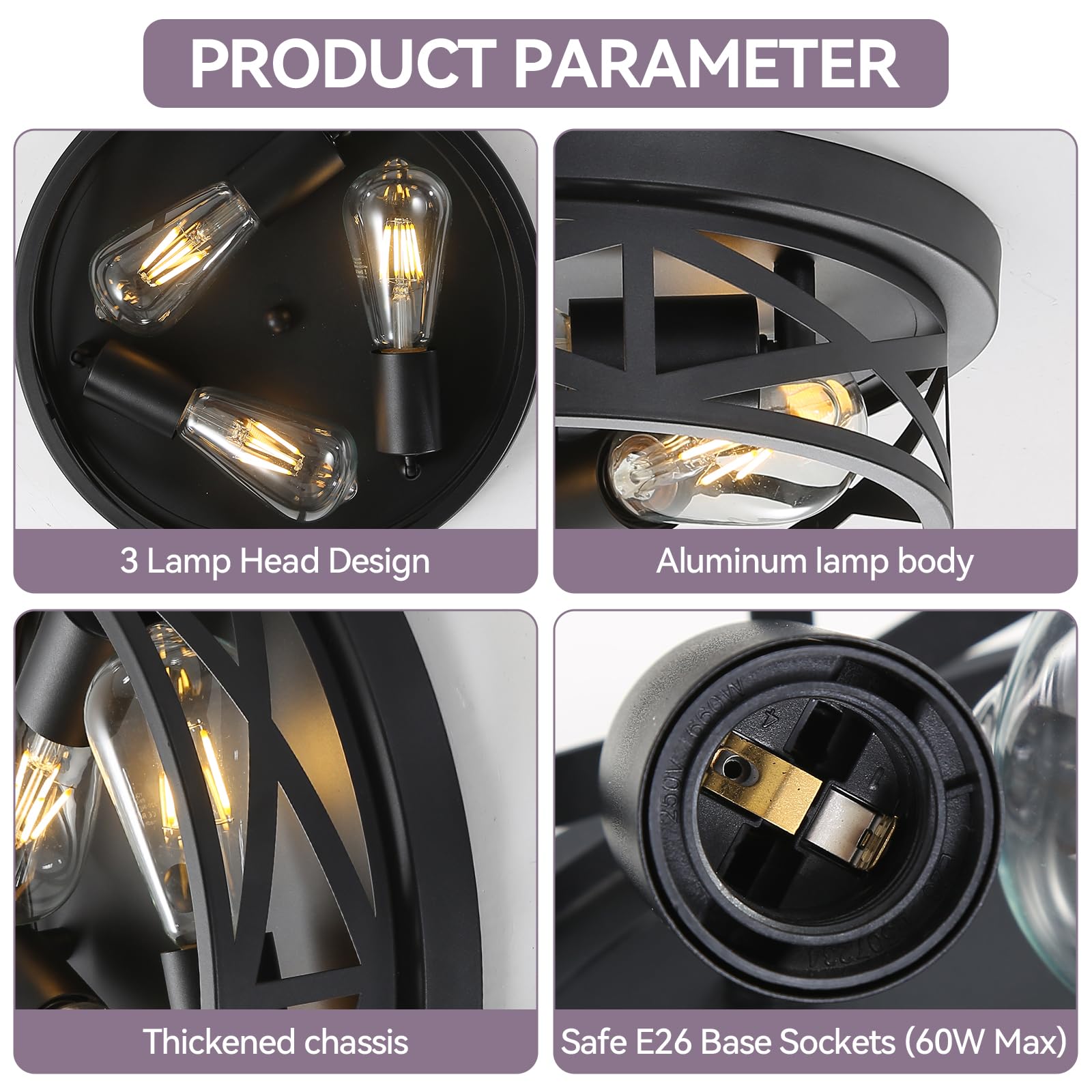 Sewterolyn 13 Inch Black Flush Mount Ceiling Light Fixtures,3-Light Industrial Farmhouse Ceiling Light Fixture,Black Light Fixtu