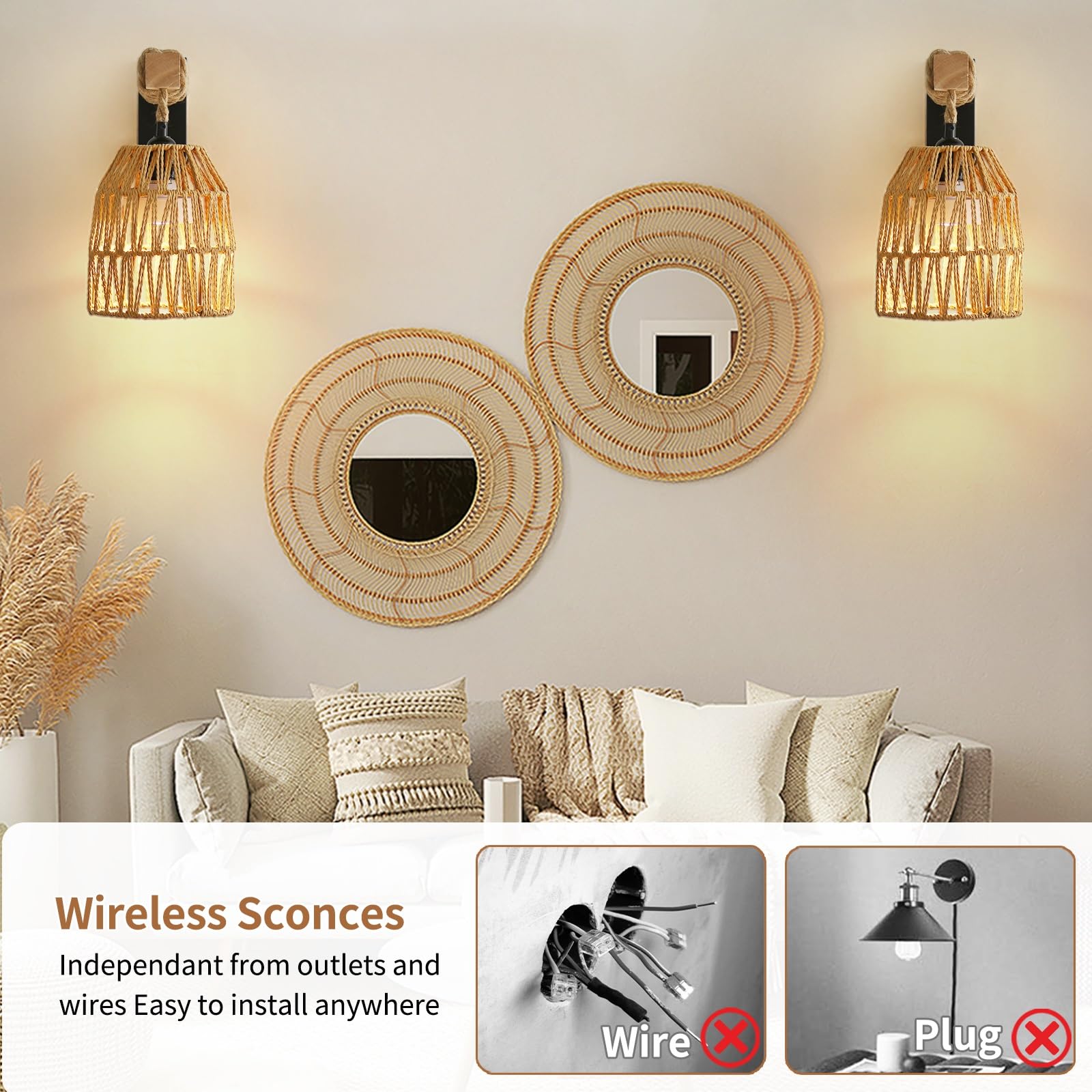 Espossi Rechargeable Wall Sconce, Battery Operated Wall Sconce With Remote Control, Boho Upgrade Rechargeable Rattan Wall Sconce, Wireless Wall Sconces Set Of Two For Bedroom, Living Room, Entryway