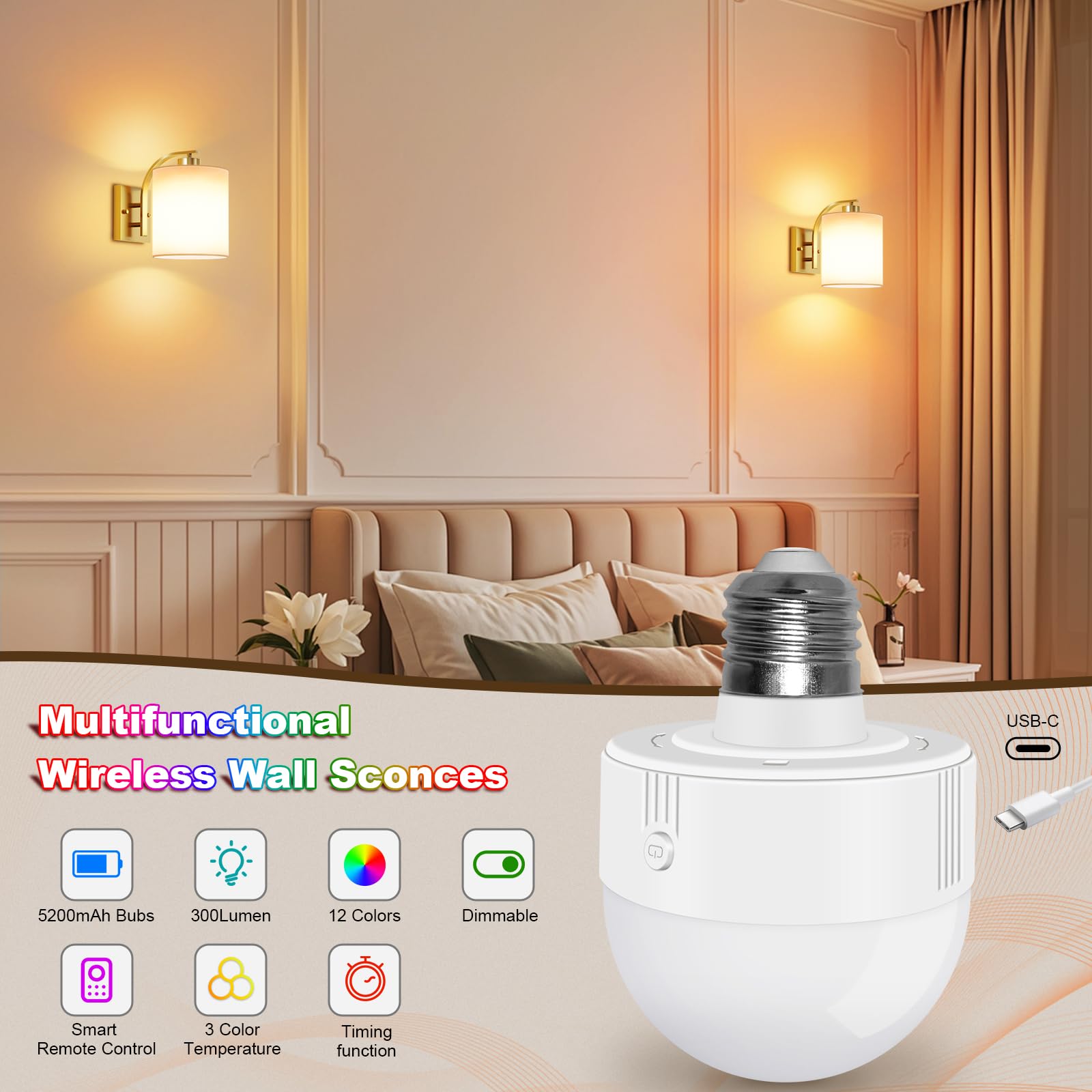 Aiilsmp Battery Operated Wall Sconce Set of Two, Gold, Dimmable 12 Color Modes, Wireless, Model YMX-1011