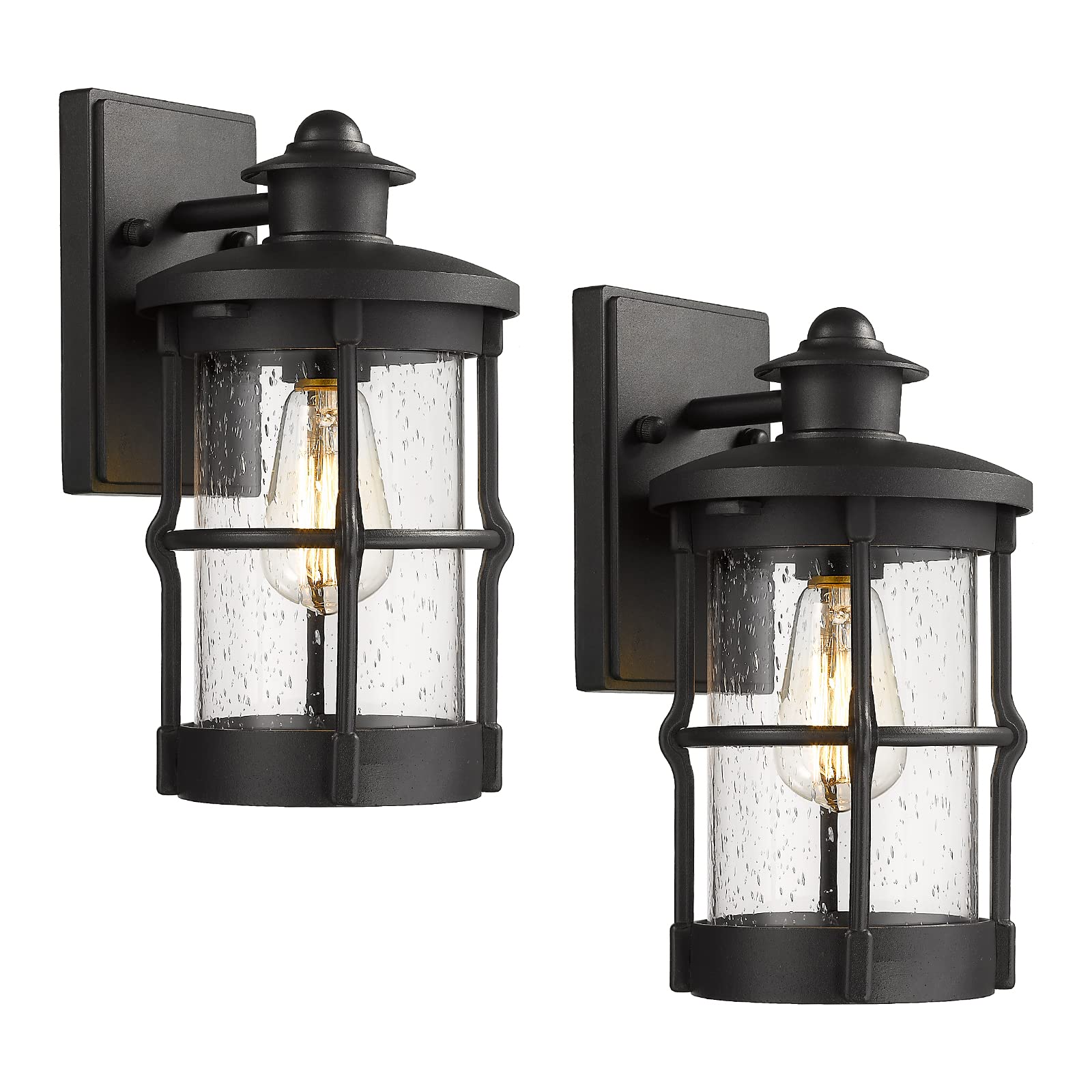 Rosient Outdoor Wall Sconces - Exterior Wall Mount Lighting Fixture In Black Finish With Seeded Glass (2 Pack)