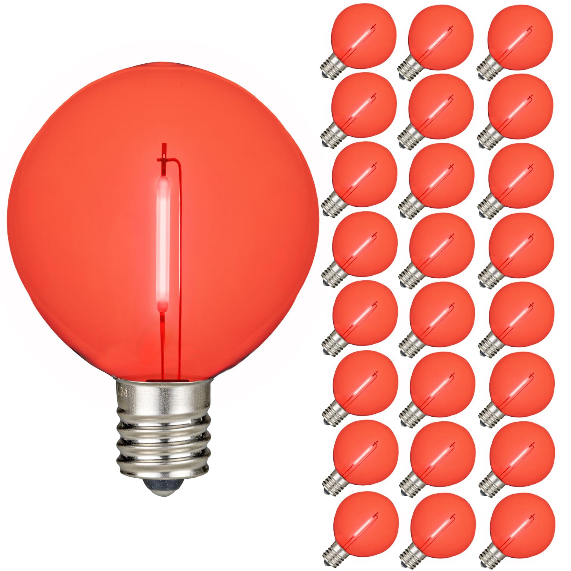 Novelty Lights 25 Pack G50 Led Light Bulbs, E17 C9 Intermediate Screw Base Shatterproof Outdoor String Lights Red Globe Bulbs, E