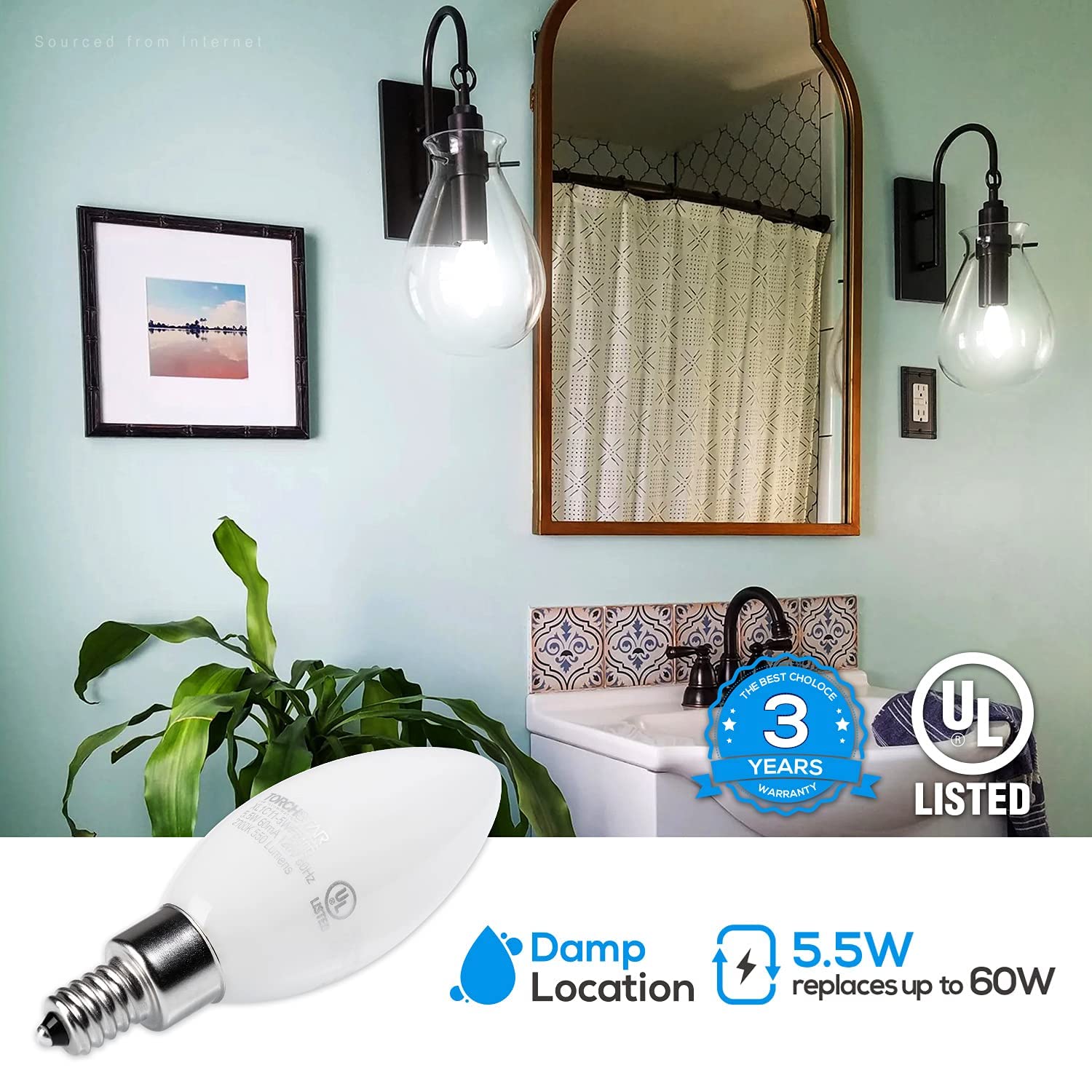 TORCHSTAR Dimmable E12 LED Candelabra Bulb, 60W Equivalent, 550LM, Frosted Glass, 4000K Cool White, Pack of 6