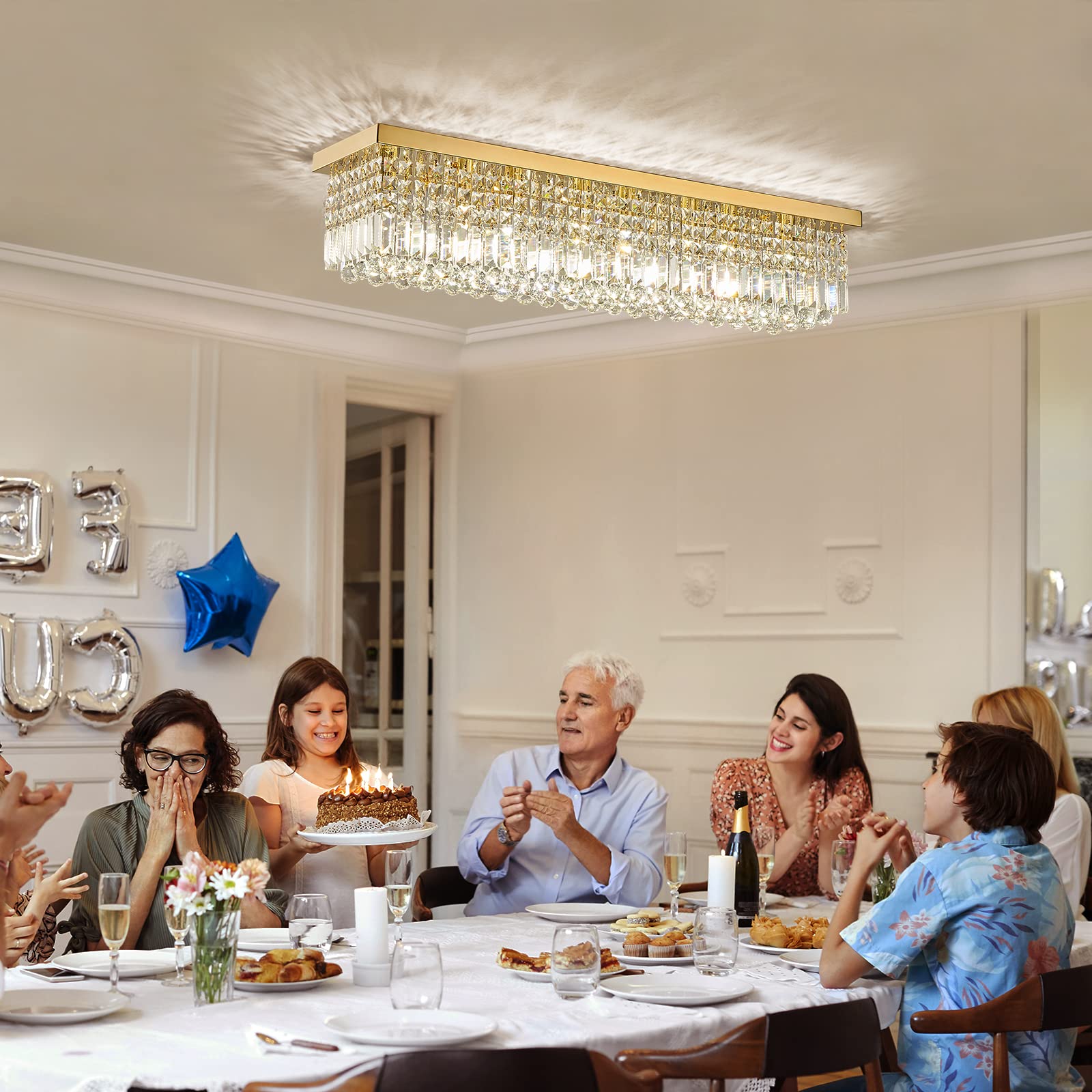 Siljoy 8-Lights Rectangular Flush Mount Ceiling Light, Stainless Steel, L40in , Gold, Modern Crystal Chandelier for Dining Room